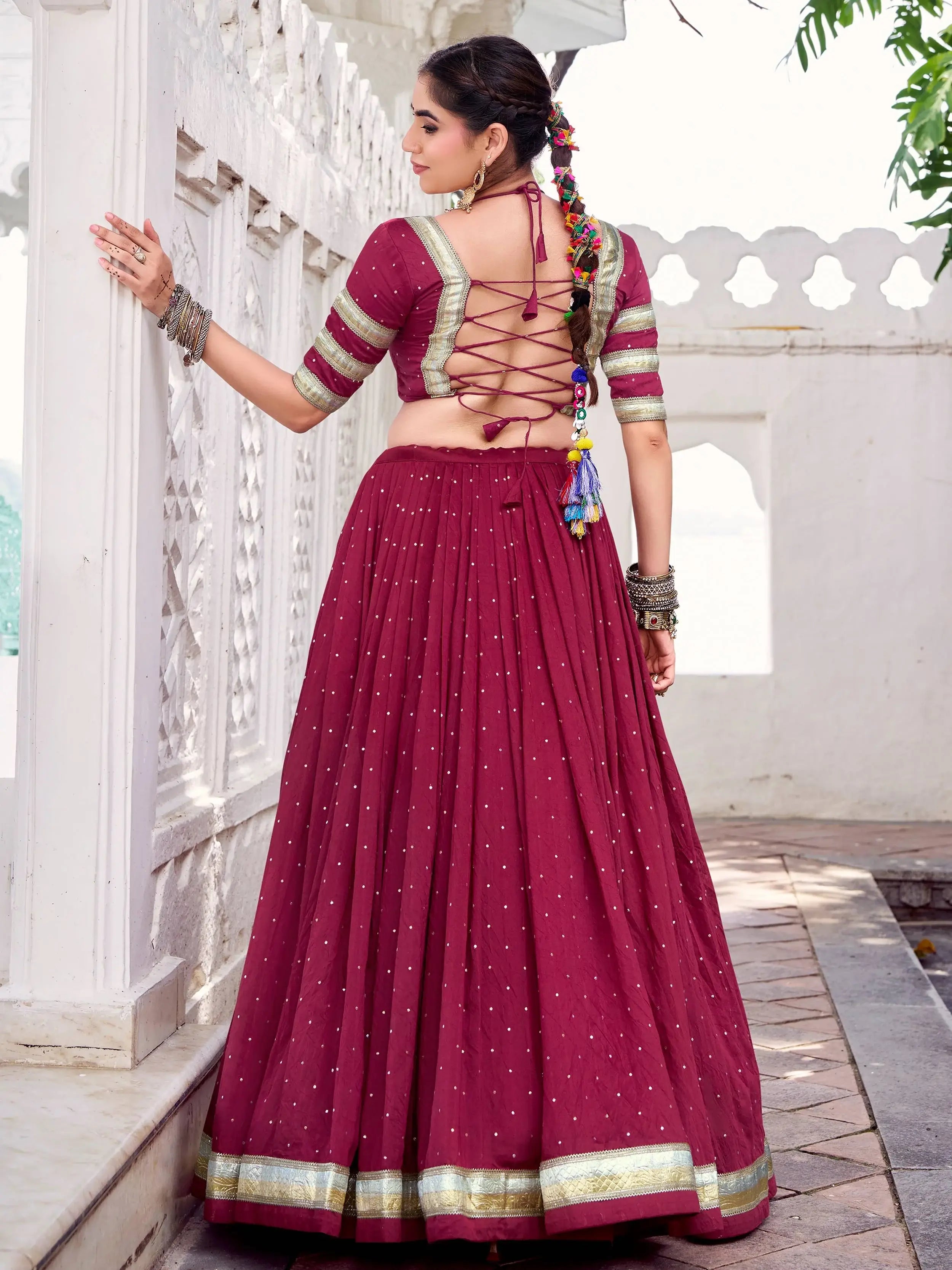 Maroon Pure Chanderi Zari Weaving Embossed Lace Lehenga Choli