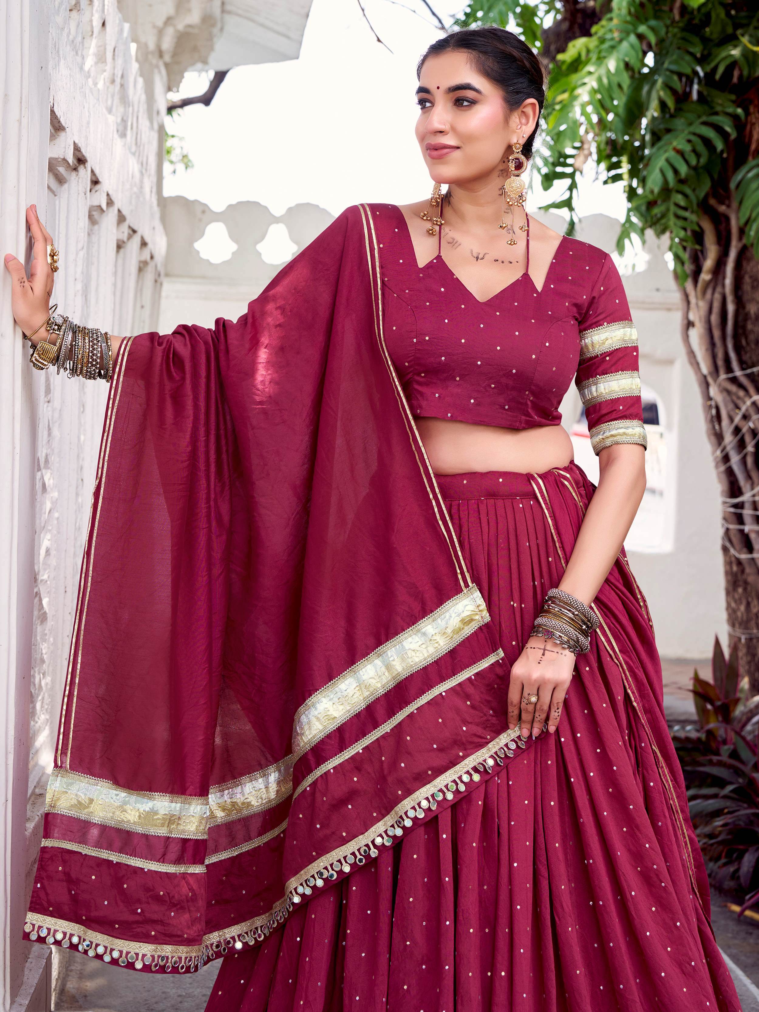 Maroon Pure Chanderi Zari Weaving Embossed Lace Lehenga Choli