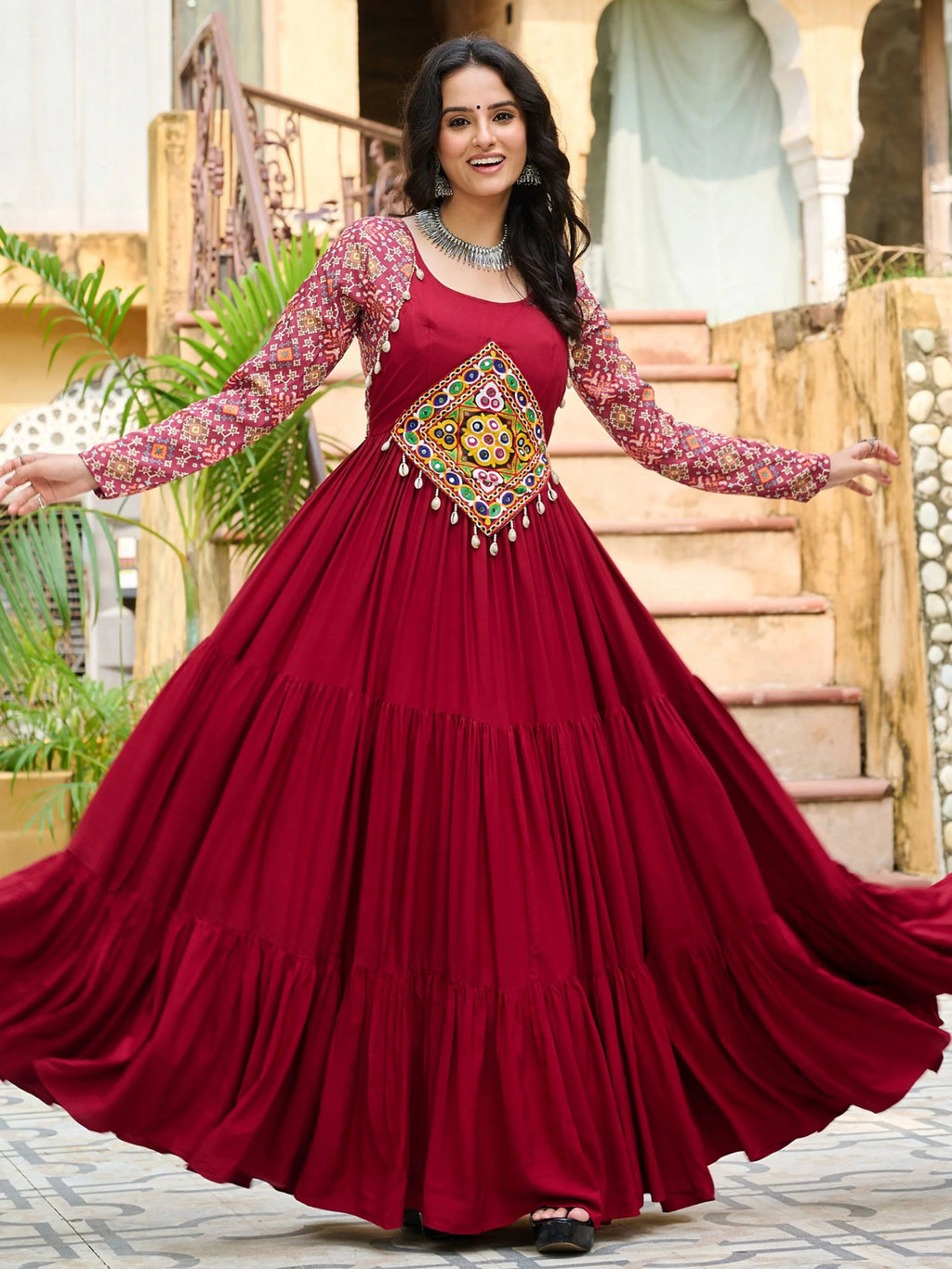 Maroon Pure Rayon Flair Kutchi Gamthi Embroidered Gown