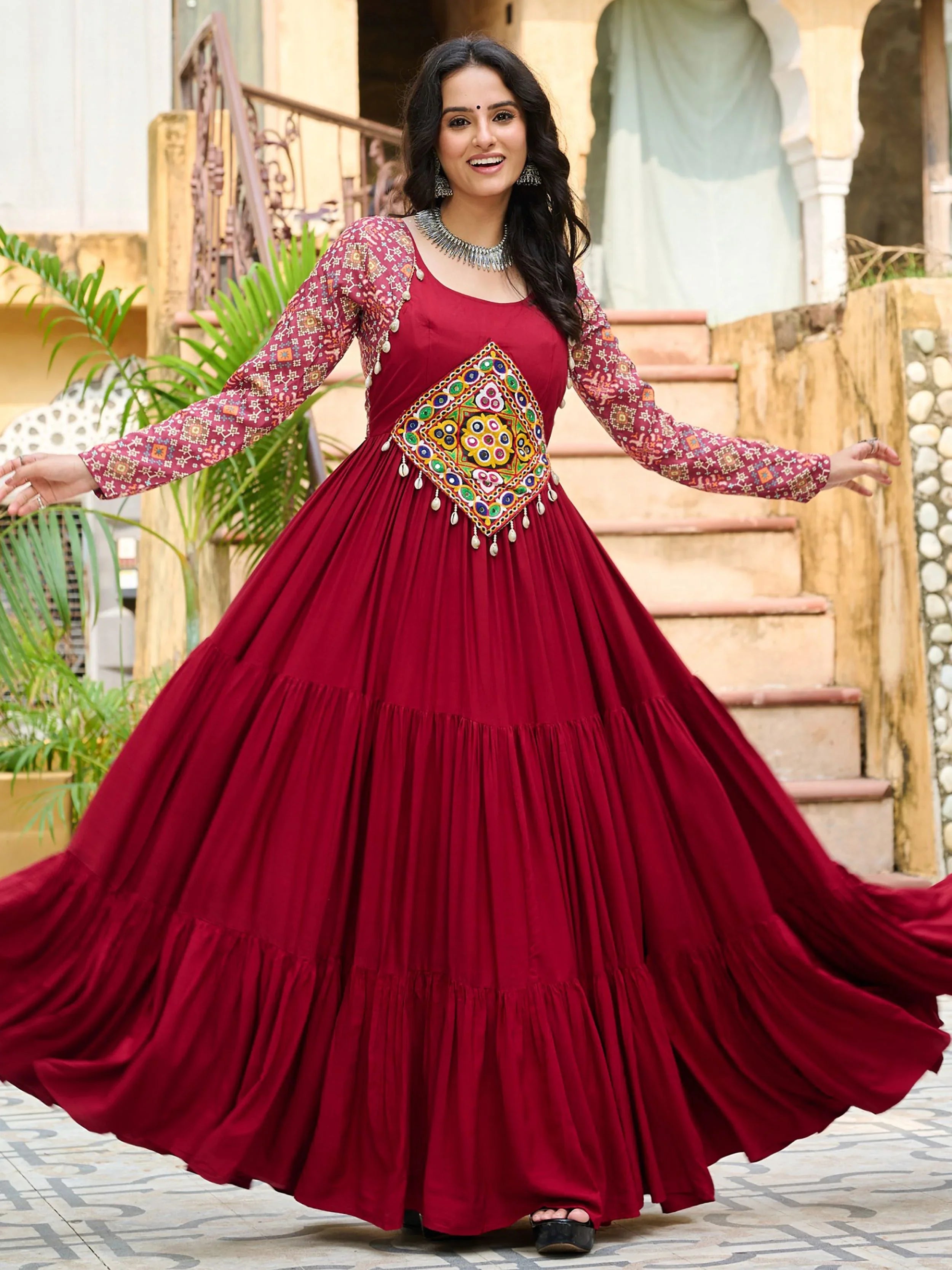 Maroon Pure Rayon Flair Kutchi Gamthi Embroidered Gown