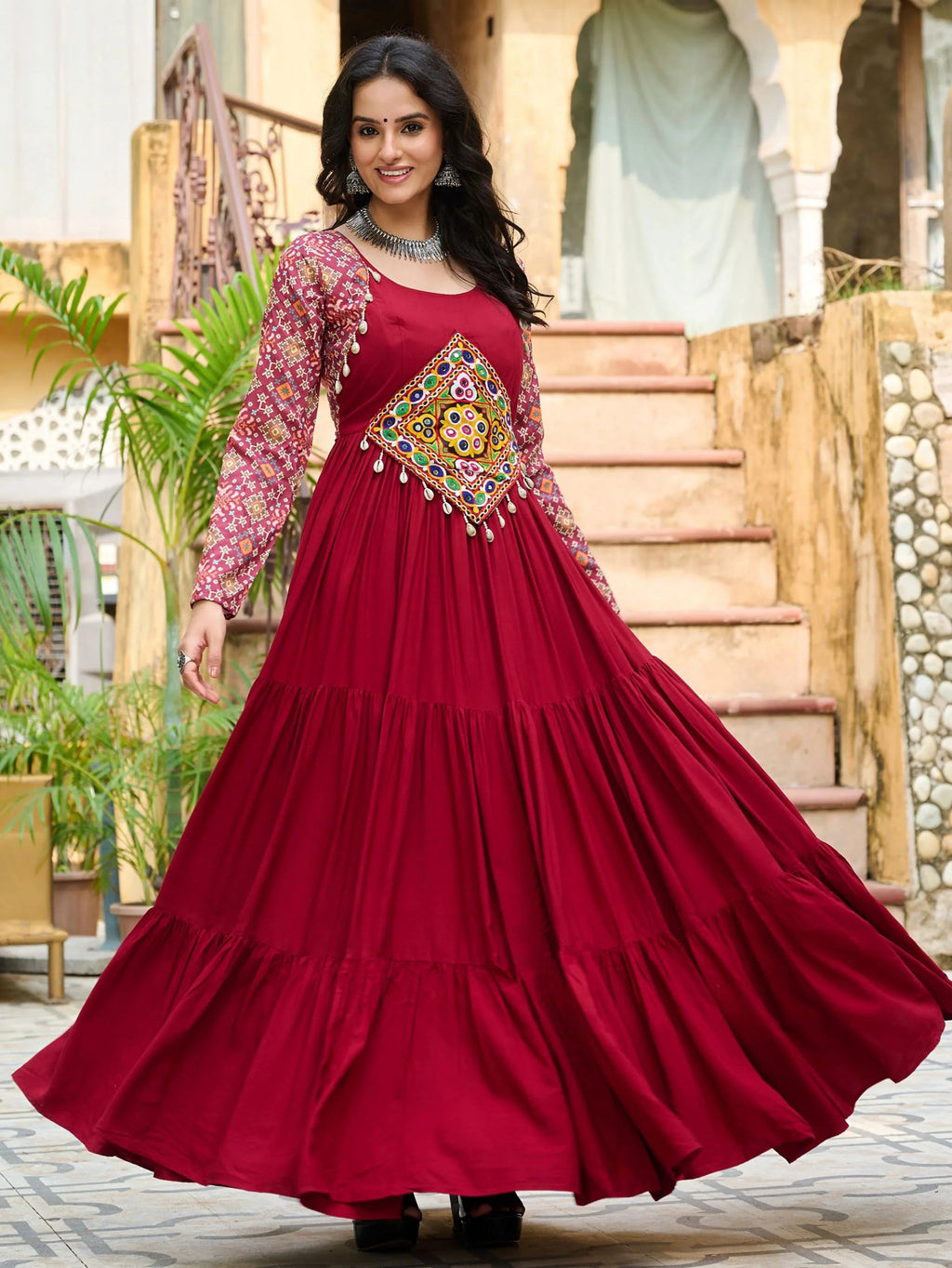 Maroon Pure Rayon Flair Kutchi Gamthi Embroidered Gown