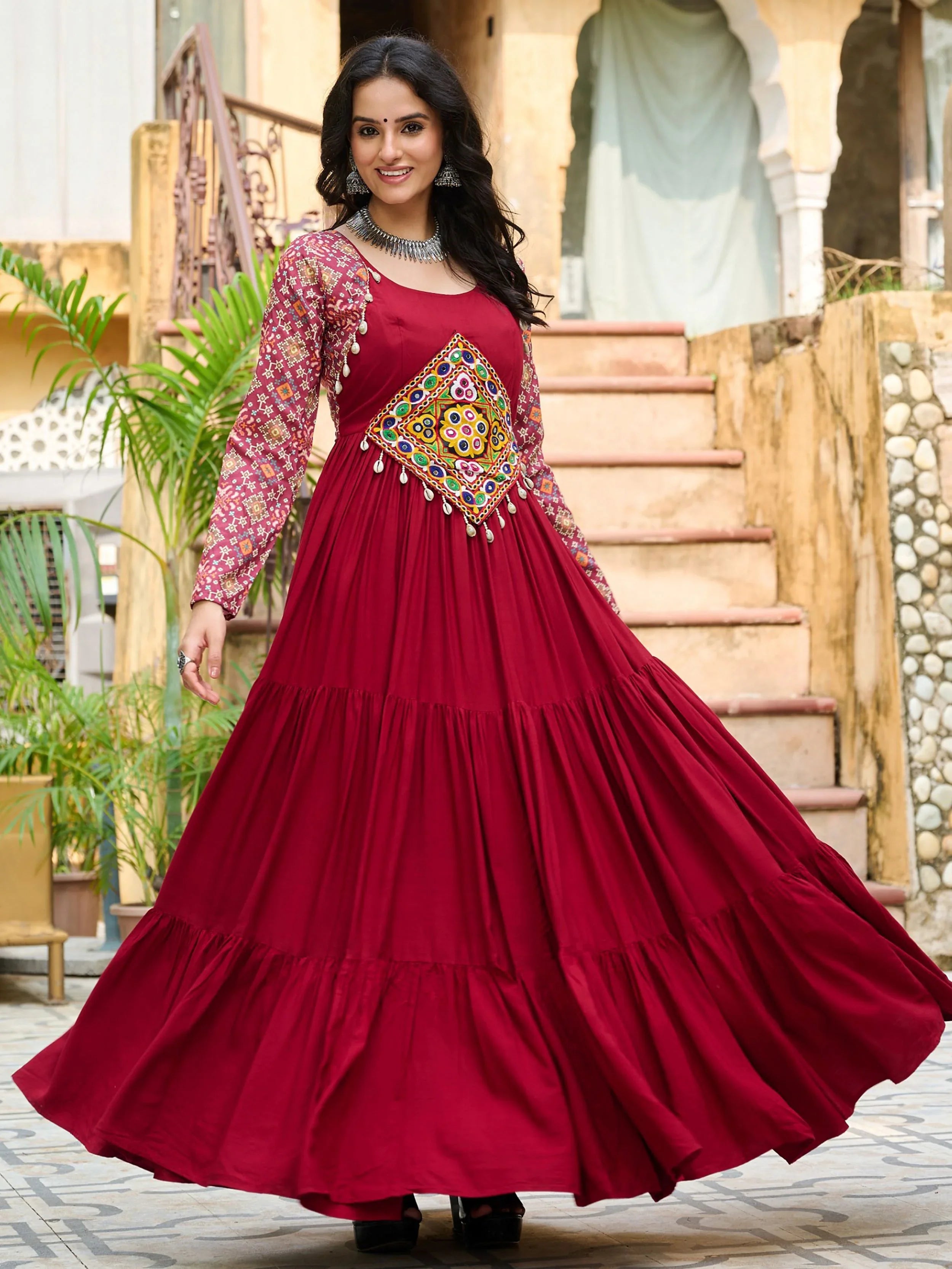 Maroon Pure Rayon Flair Kutchi Gamthi Embroidered Gown