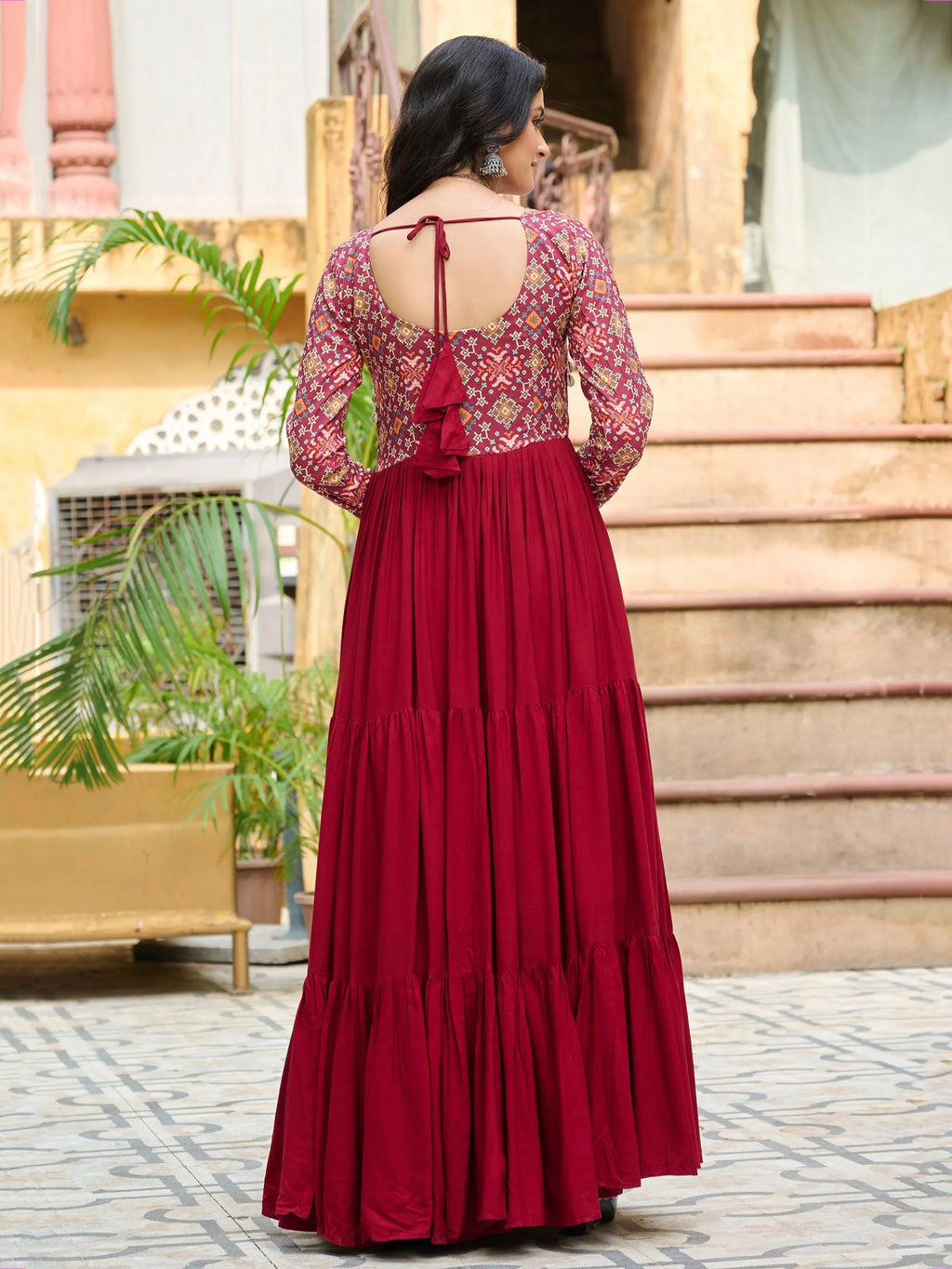 Maroon Pure Rayon Flair Kutchi Gamthi Embroidered Gown