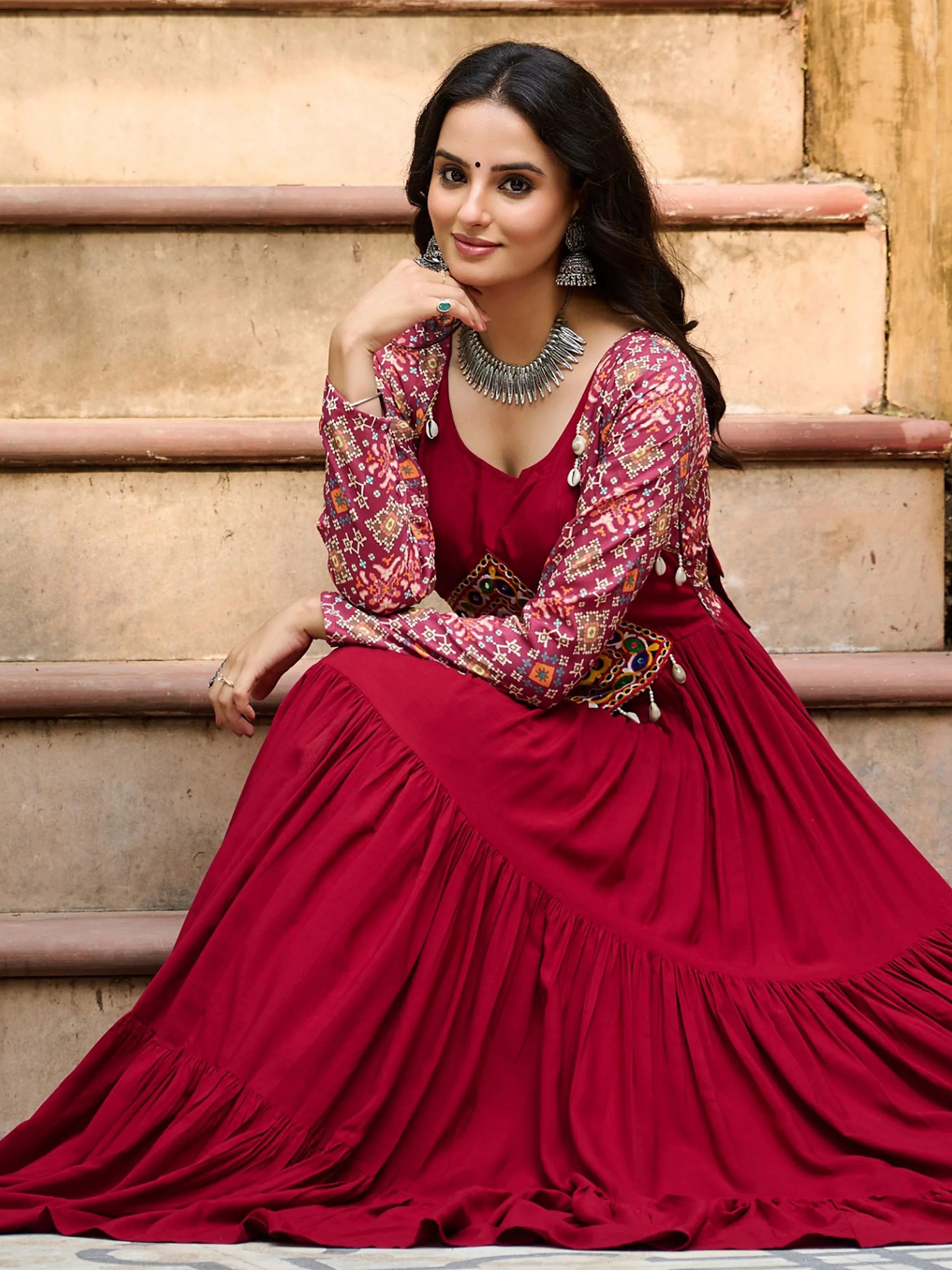 Maroon Pure Rayon Flair Kutchi Gamthi Embroidered Gown