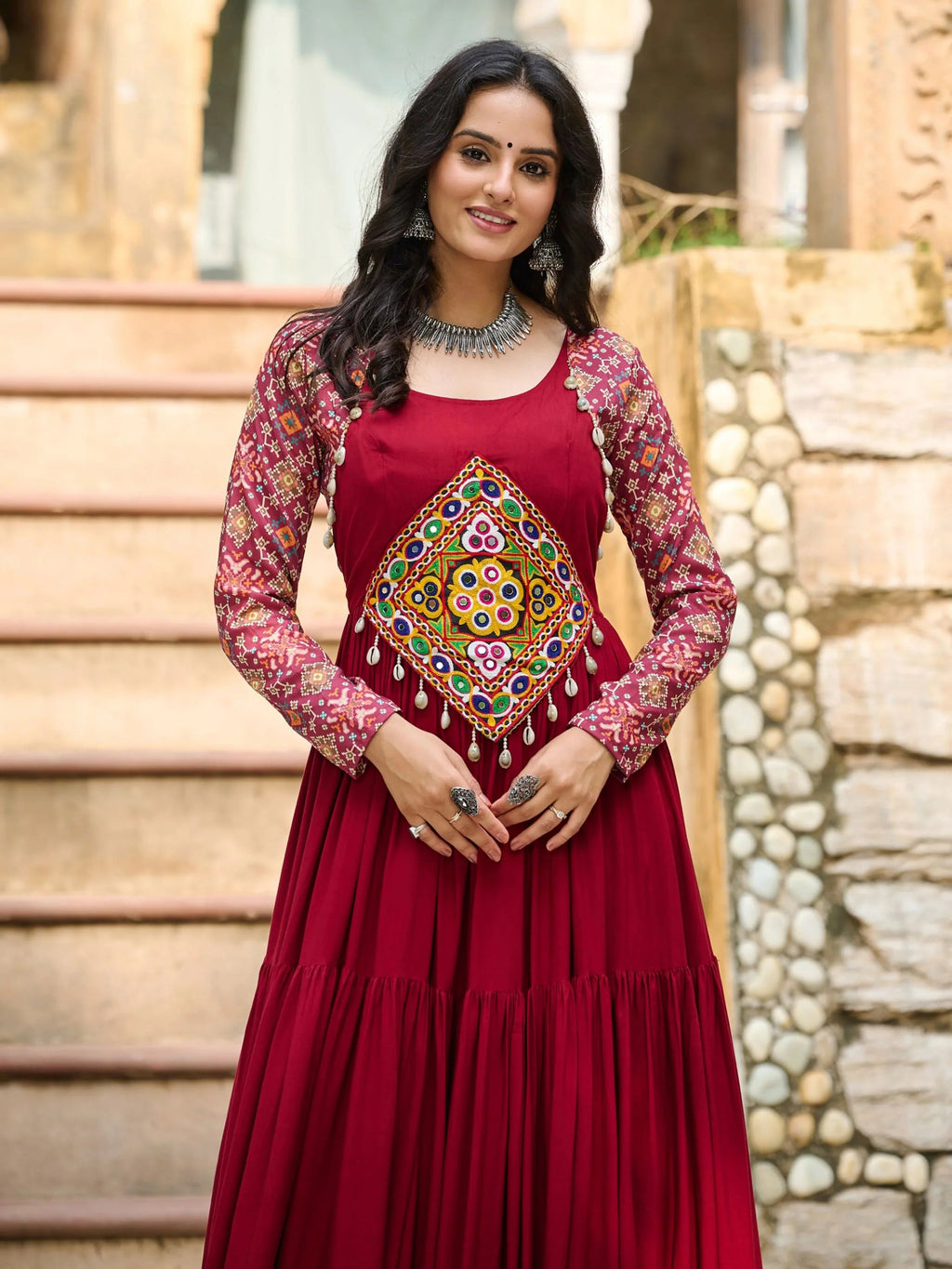 Maroon Pure Rayon Flair Kutchi Gamthi Embroidered Gown