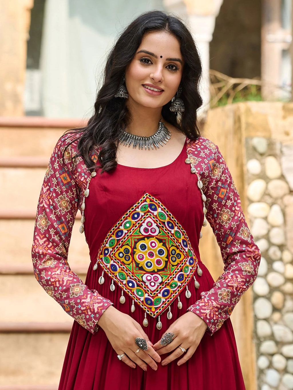 Maroon Pure Rayon Flair Kutchi Gamthi Embroidered Gown