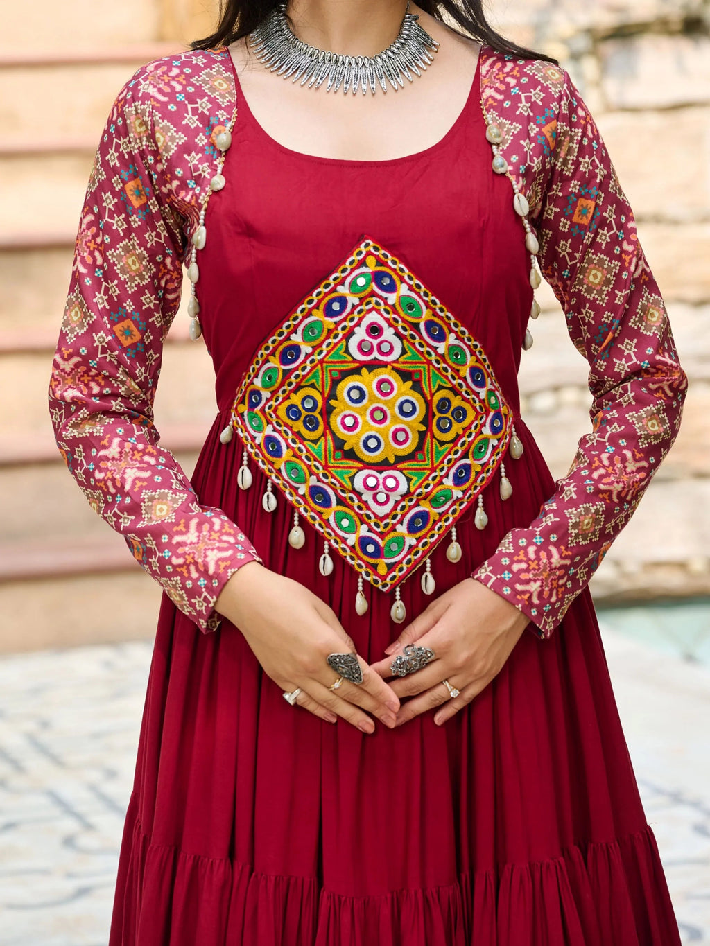 Maroon Pure Rayon Flair Kutchi Gamthi Embroidered Gown