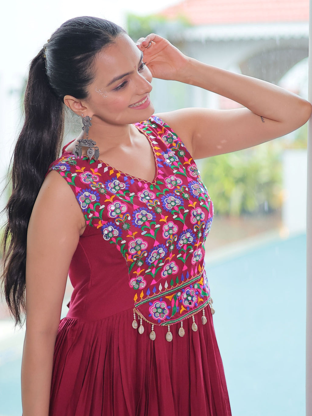 Maroon Rayon Kutchi Gamthi Mirror Work Embroidered Sleeveless Gown