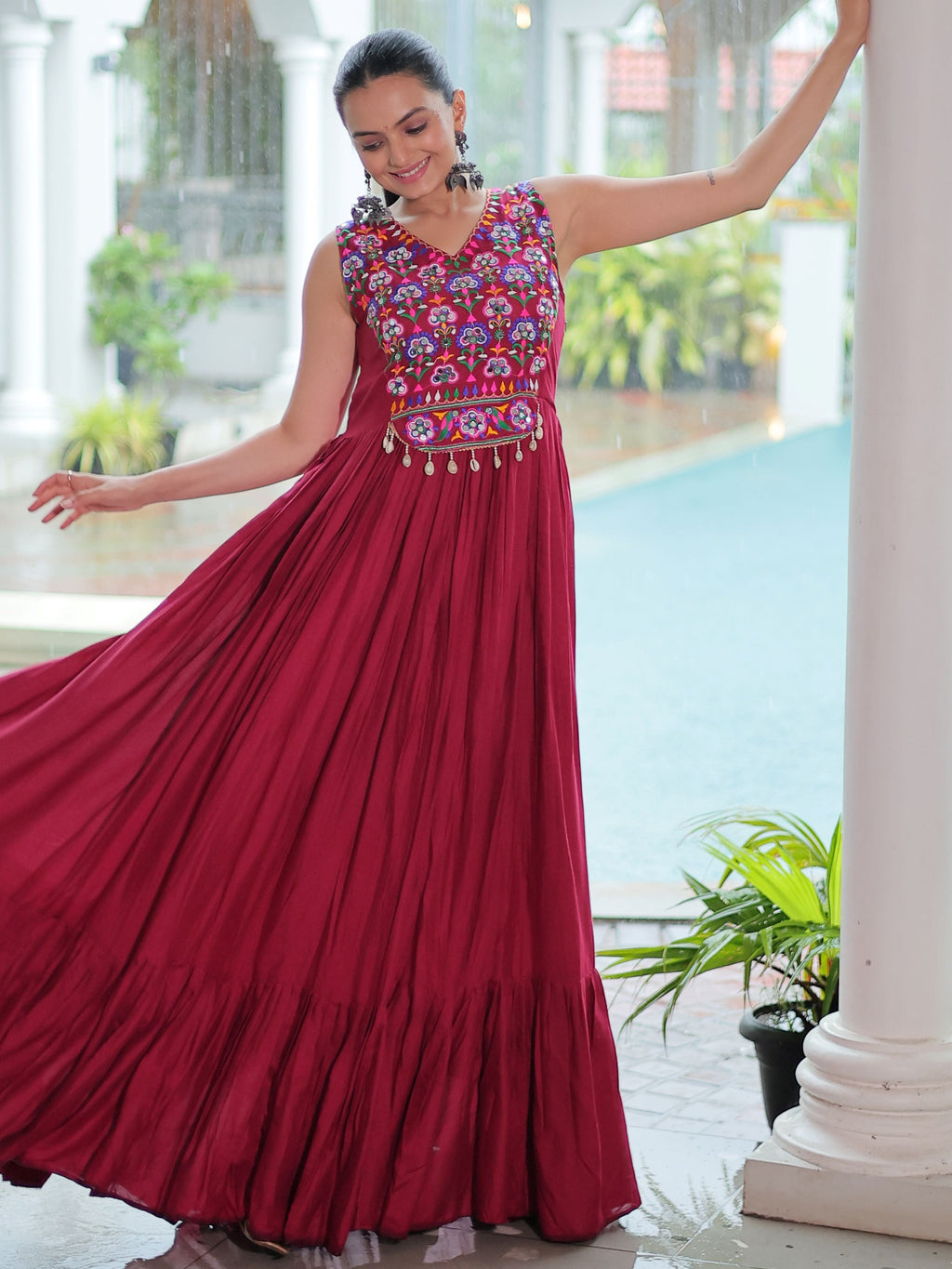 Maroon Rayon Kutchi Gamthi Mirror Work Embroidered Sleeveless Gown