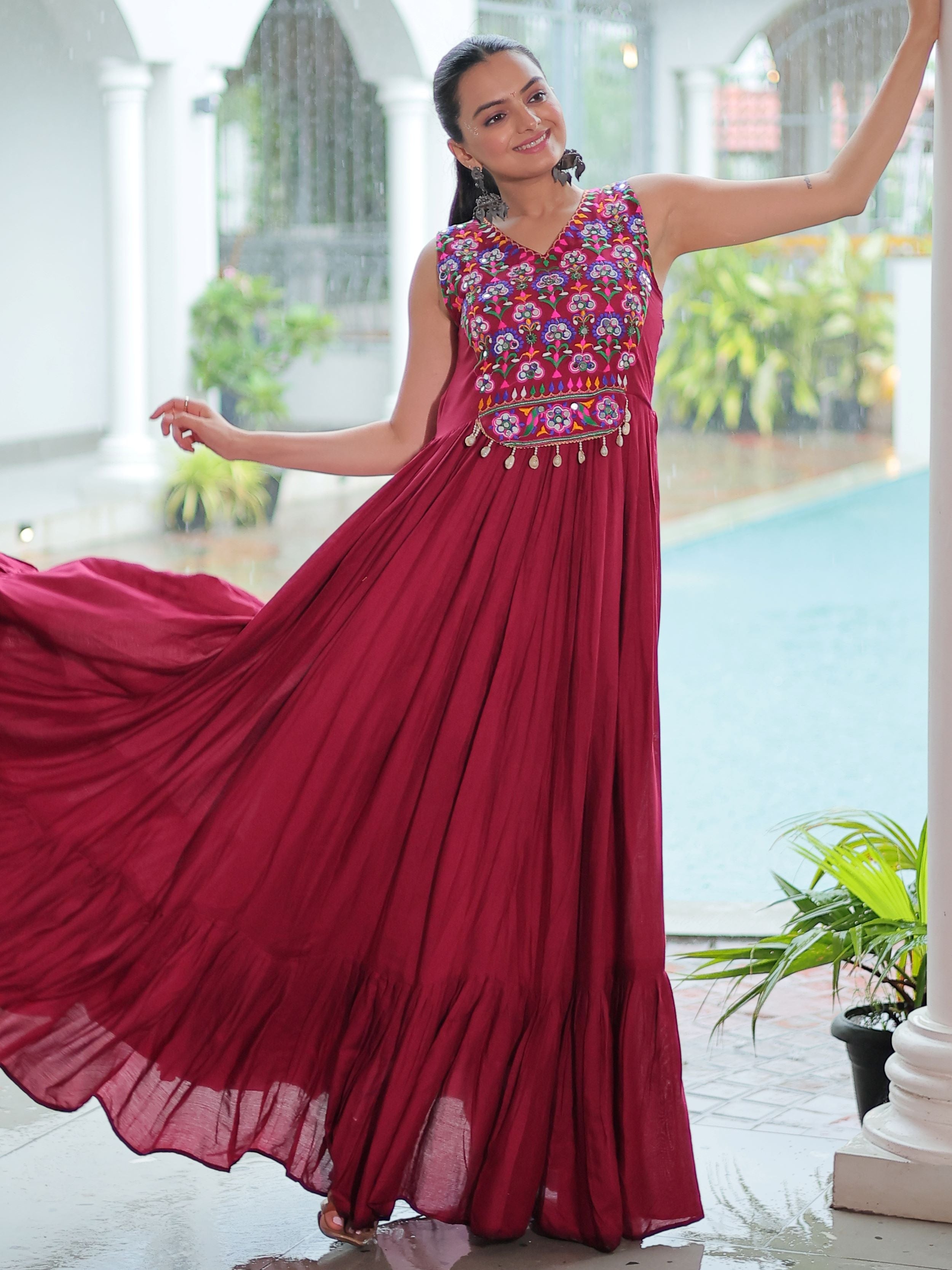 Maroon Rayon Kutchi Gamthi Mirror Work Embroidered Sleeveless Gown