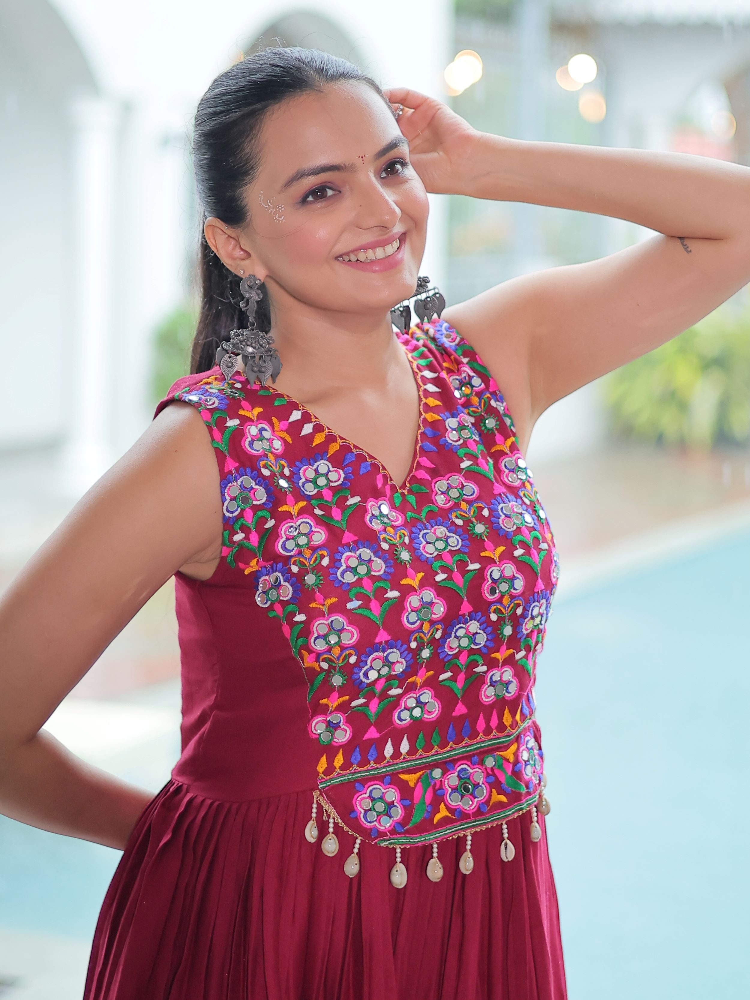 Maroon Rayon Kutchi Gamthi Mirror Work Embroidered Sleeveless Gown