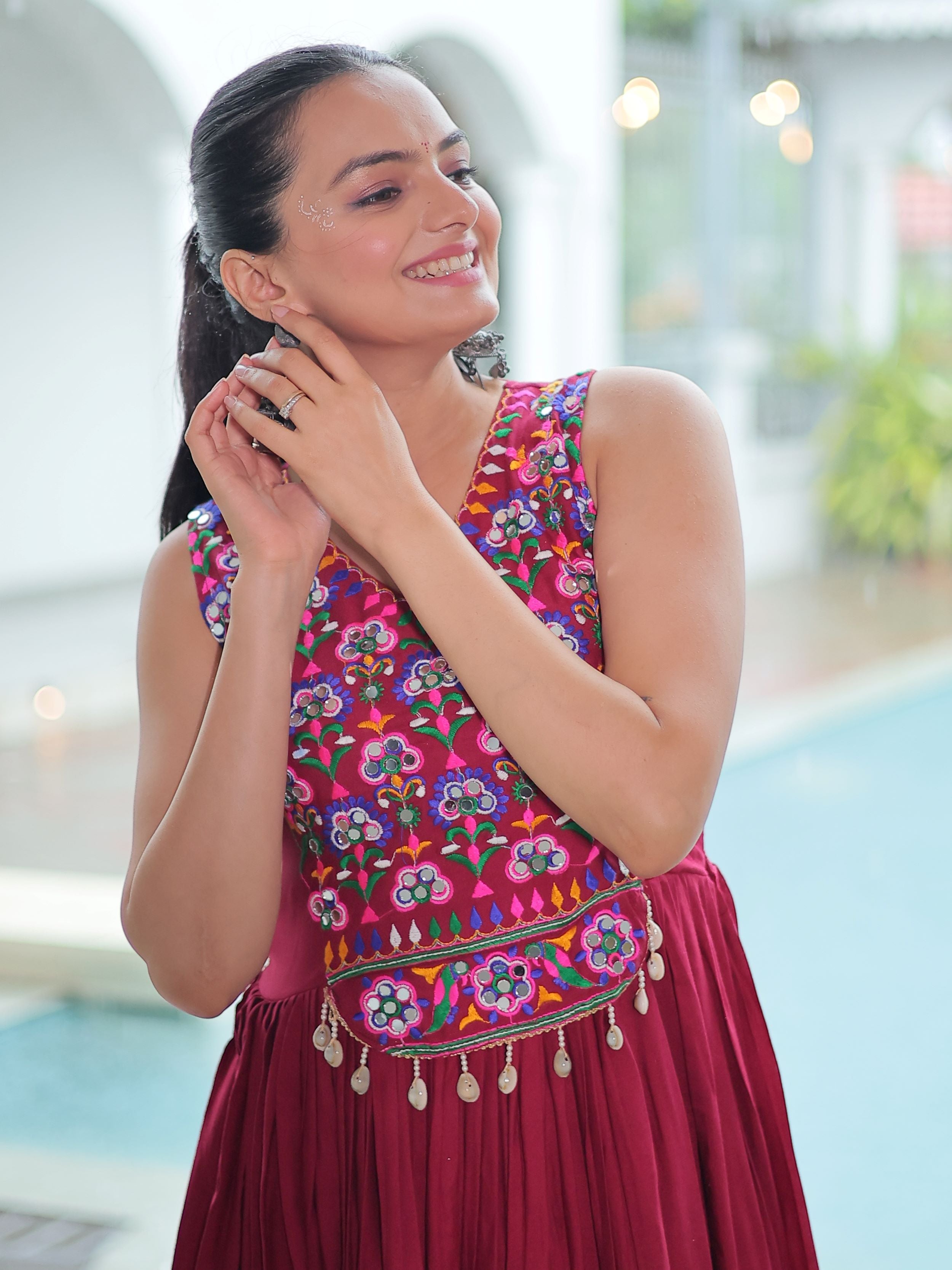 Maroon Rayon Kutchi Gamthi Mirror Work Embroidered Sleeveless Gown