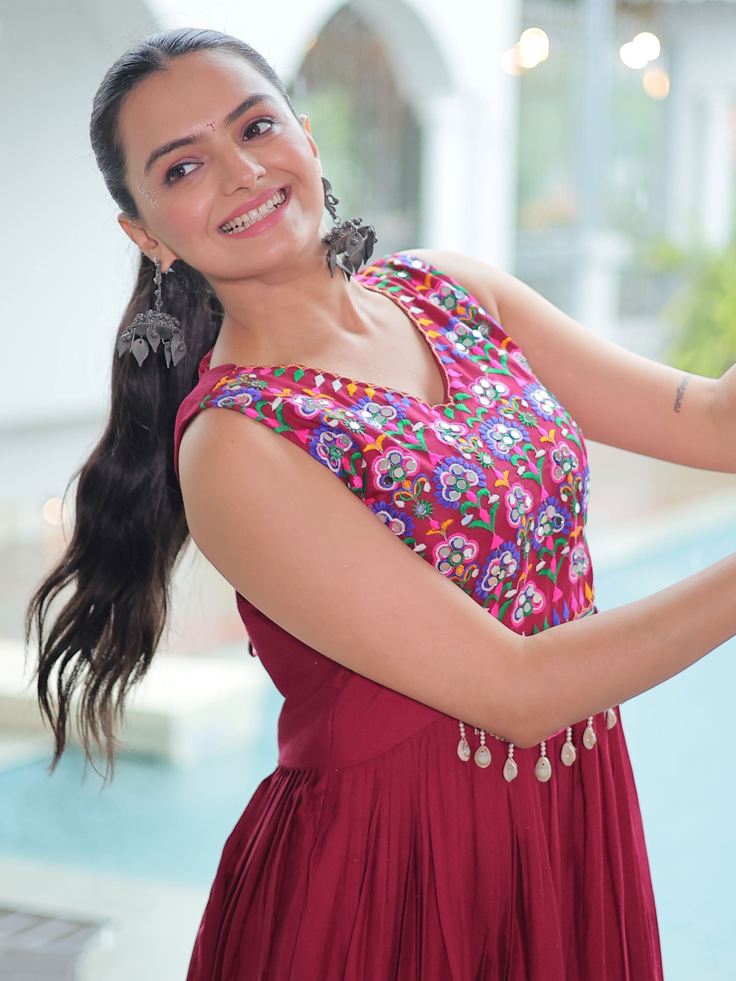 Maroon Rayon Kutchi Gamthi Mirror Work Embroidered Sleeveless Gown