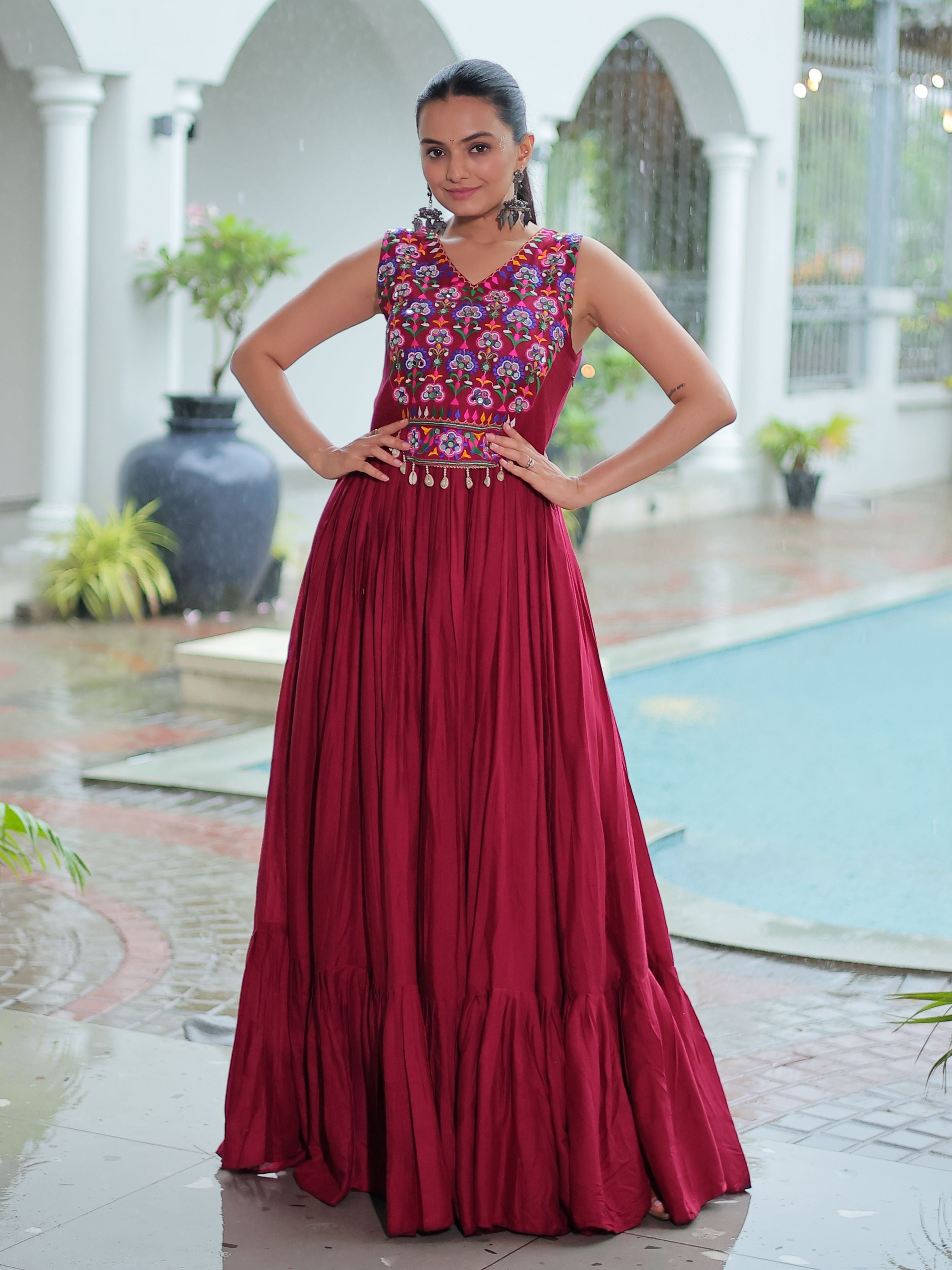 Maroon Rayon Kutchi Gamthi Mirror Work Embroidered Sleeveless Gown