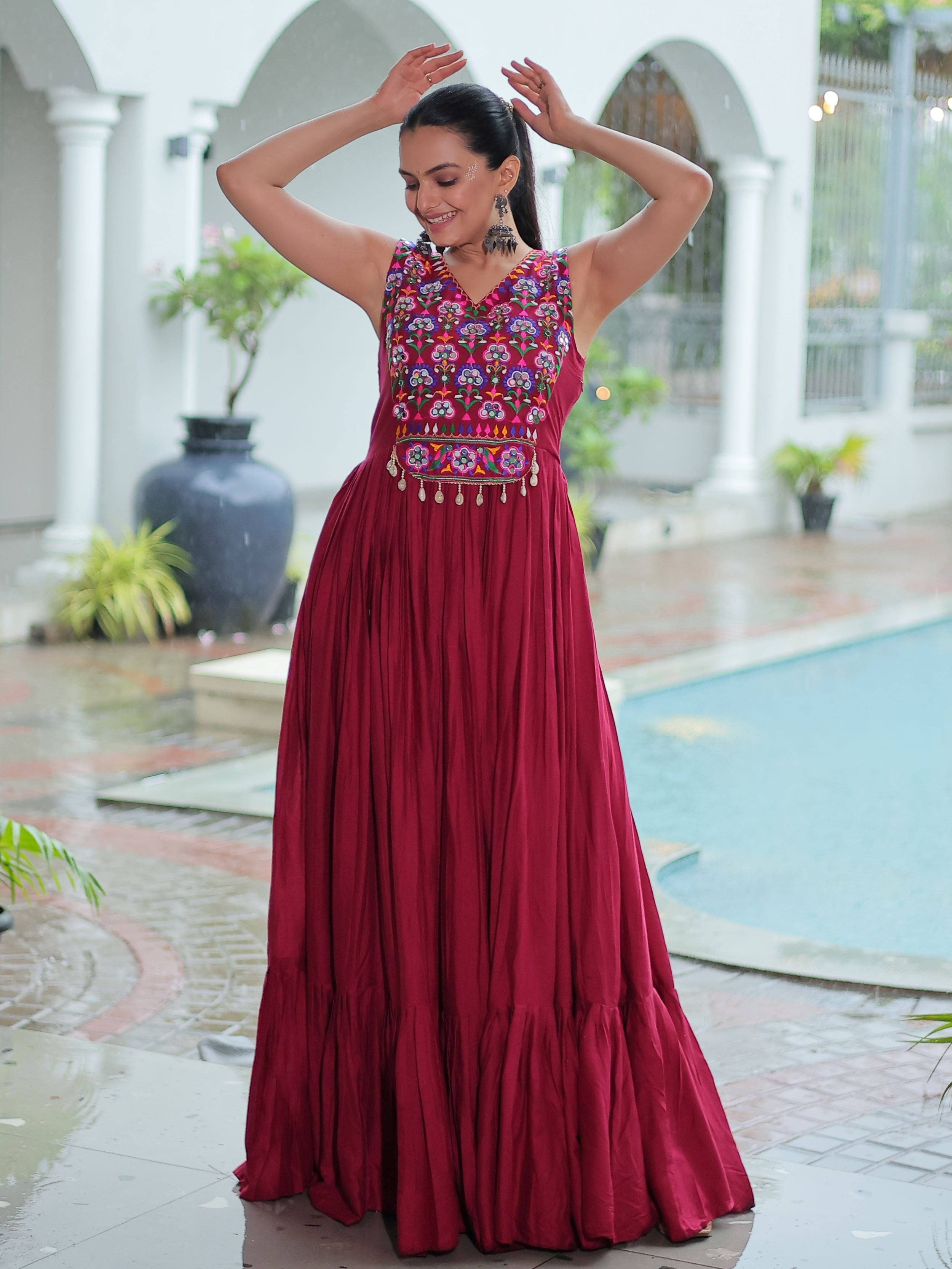 Maroon Rayon Kutchi Gamthi Mirror Work Embroidered Sleeveless Gown