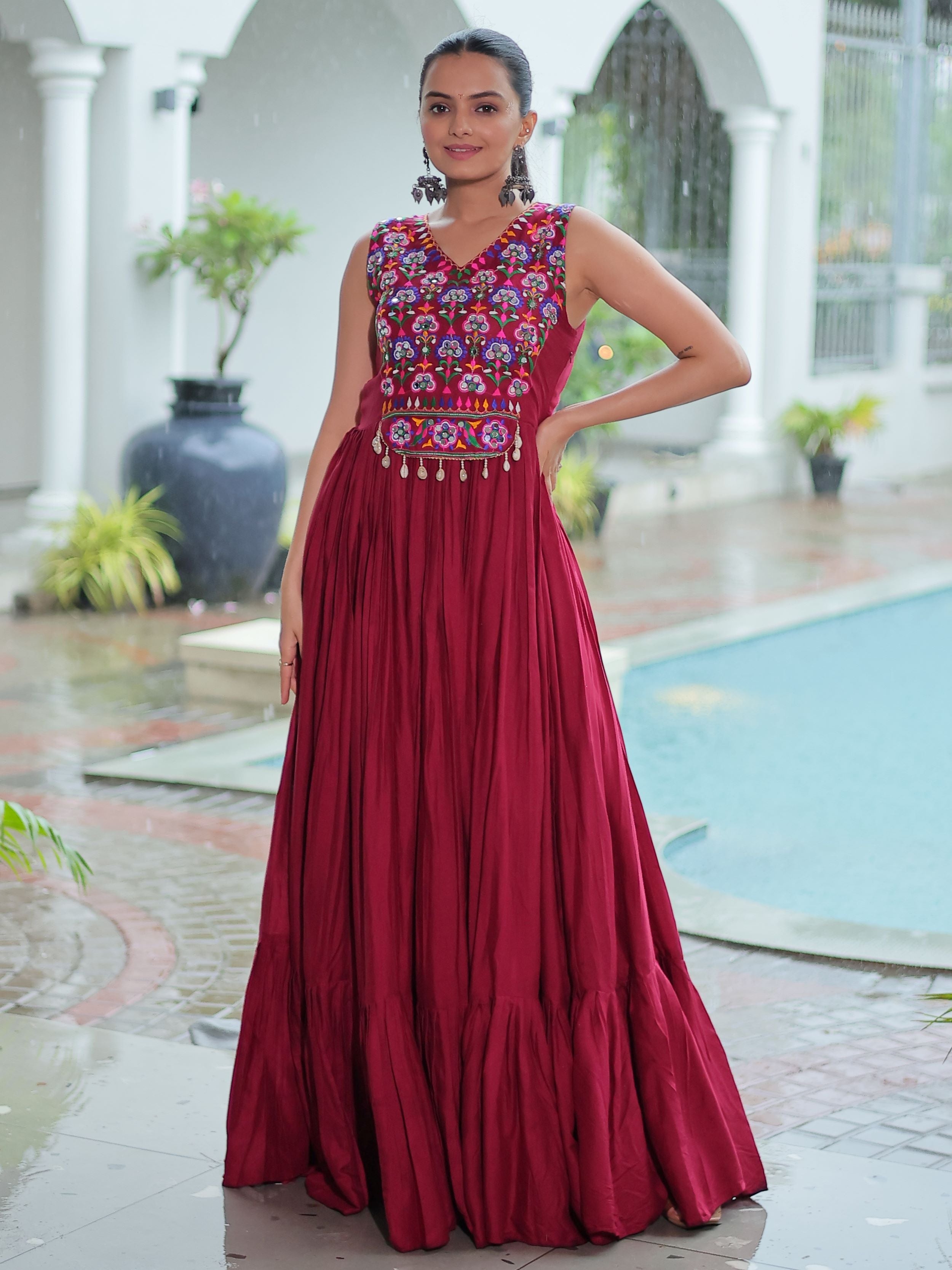 Maroon Rayon Kutchi Gamthi Mirror Work Embroidered Sleeveless Gown