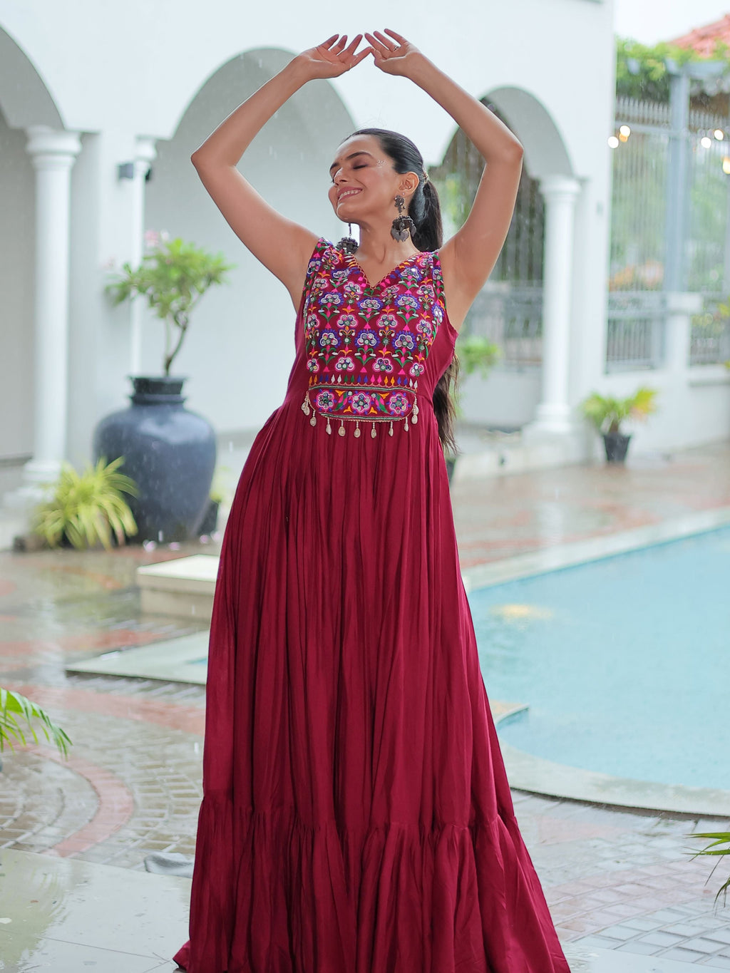 Maroon Rayon Kutchi Gamthi Mirror Work Embroidered Sleeveless Gown