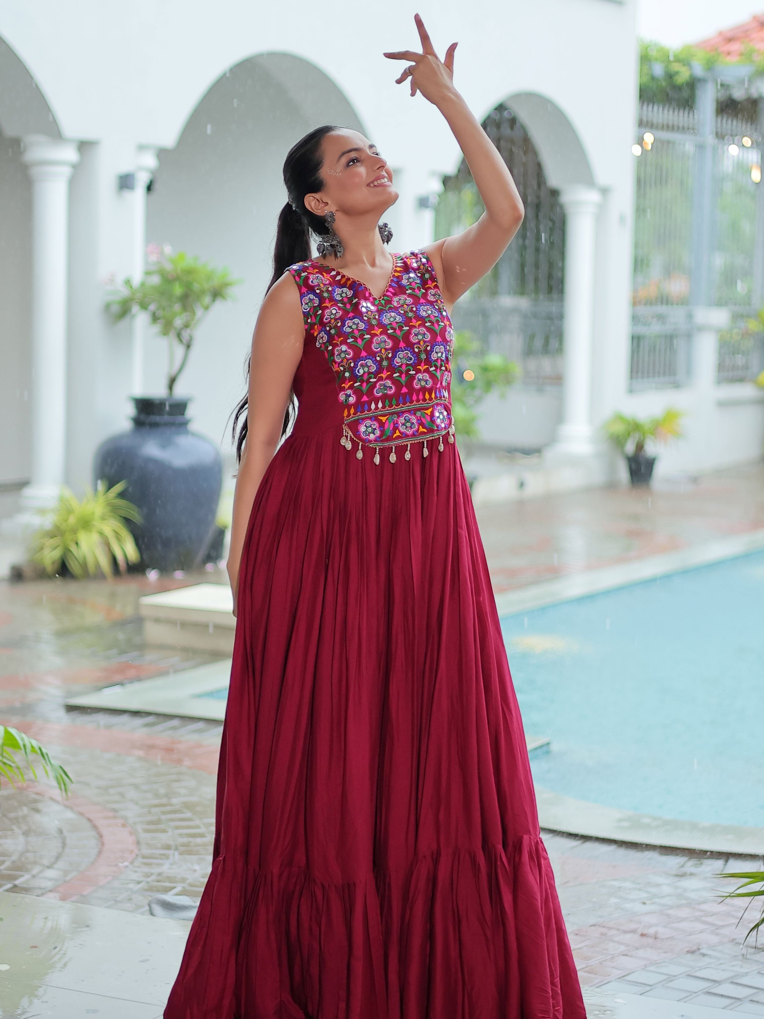 Maroon Rayon Kutchi Gamthi Mirror Work Embroidered Sleeveless Gown