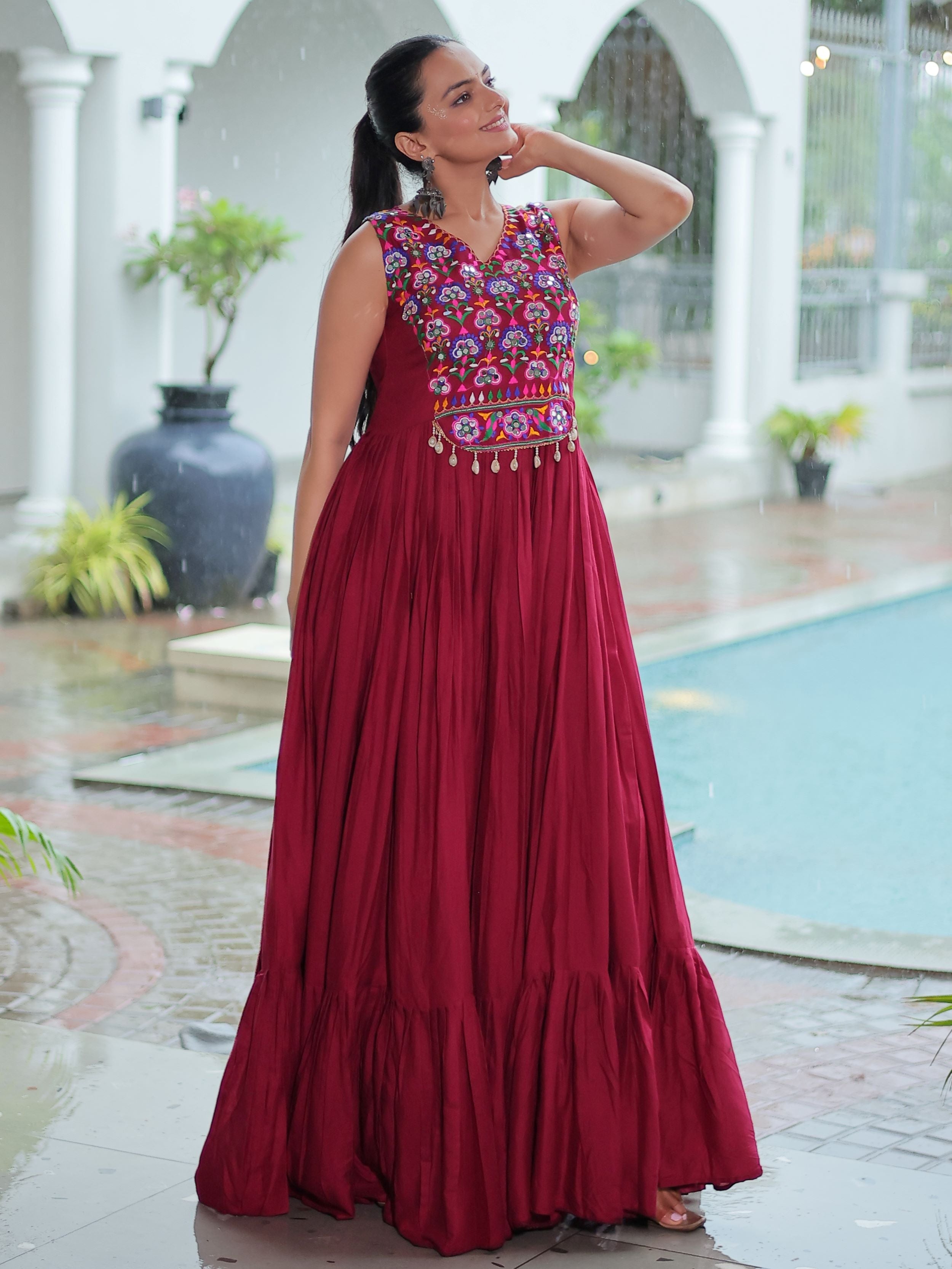 Maroon Rayon Kutchi Gamthi Mirror Work Embroidered Sleeveless Gown