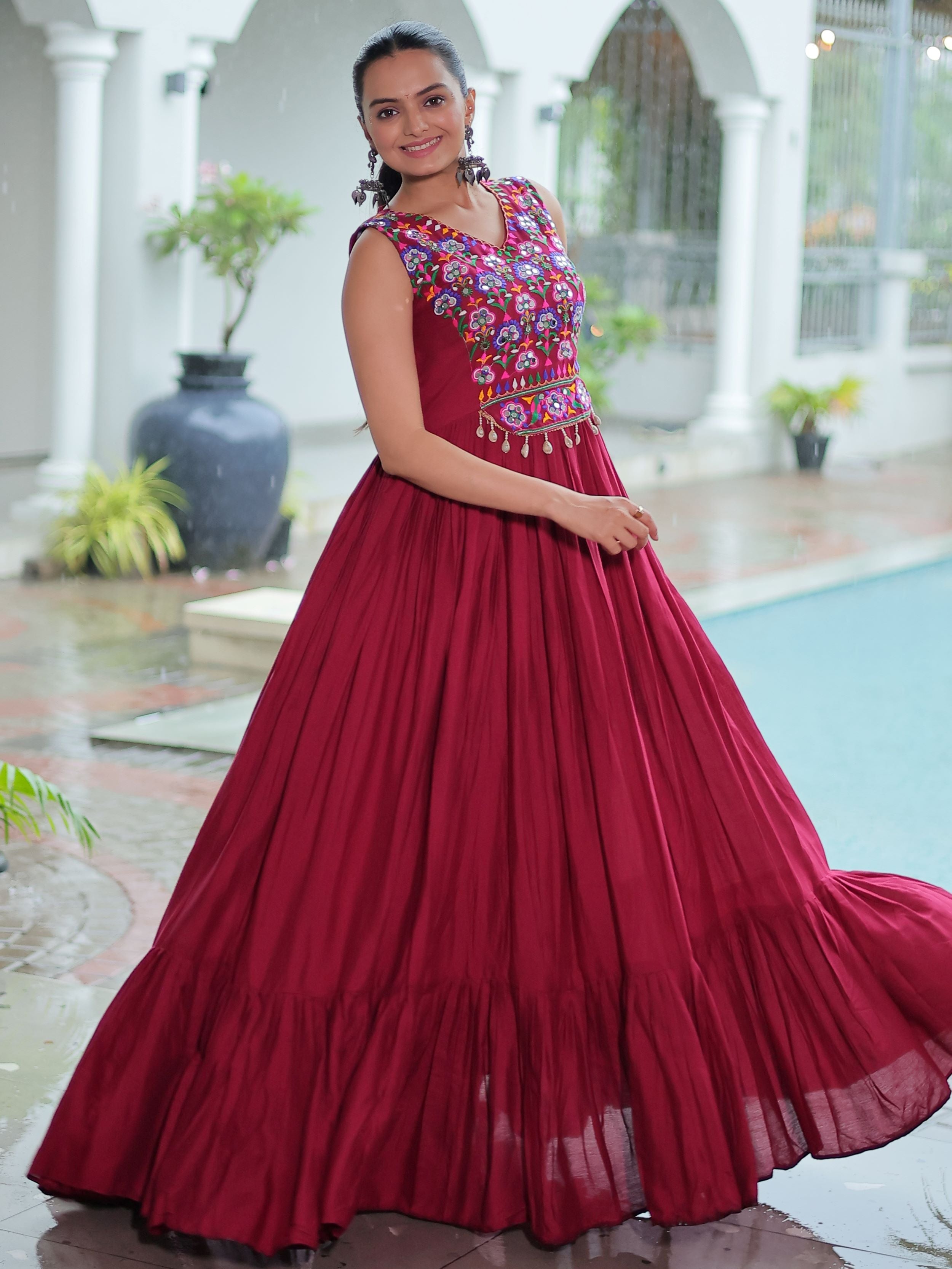 Maroon Rayon Kutchi Gamthi Mirror Work Embroidered Sleeveless Gown