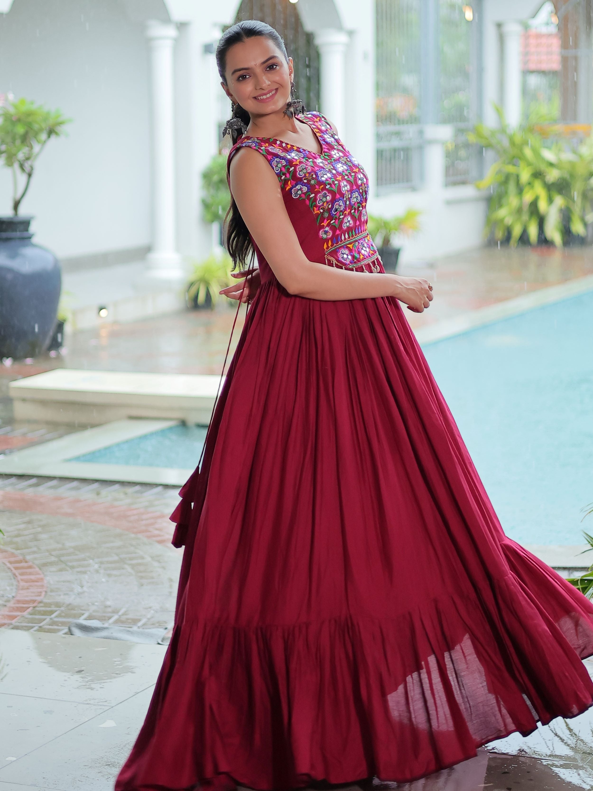 Maroon Rayon Kutchi Gamthi Mirror Work Embroidered Sleeveless Gown