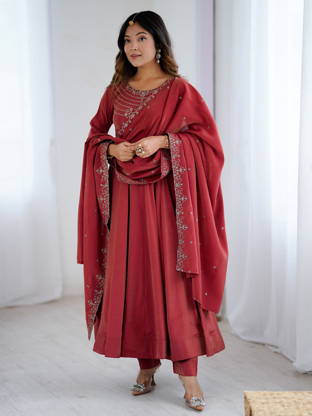 Maroon Roman Shimmer Chanderi Silk Beads Zari Embroidery Anarkali Suit Set