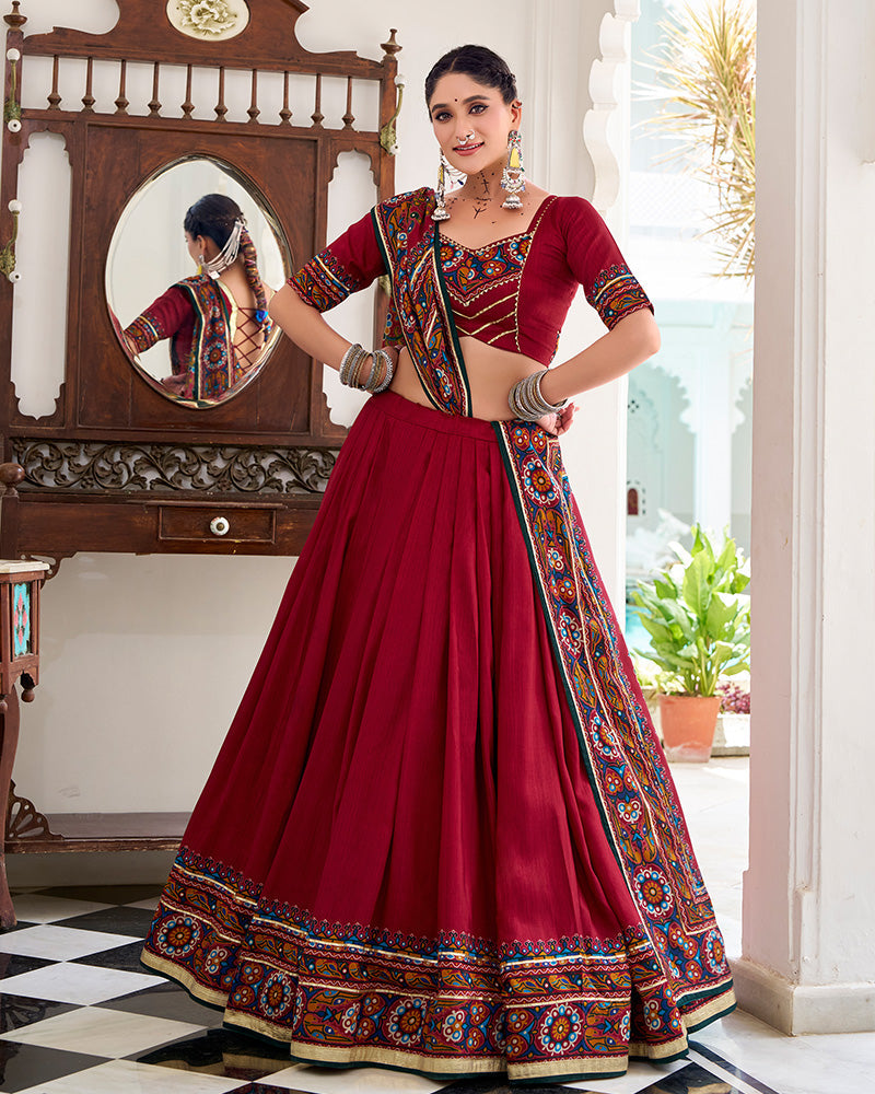 Maroon Tussar Silk Gamthi Print Lehenga Choli with Dupatta