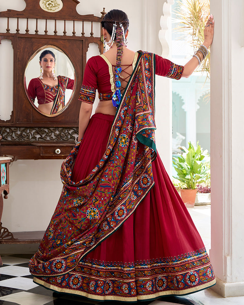 Maroon Tussar Silk Gamthi Print Lehenga Choli with Dupatta