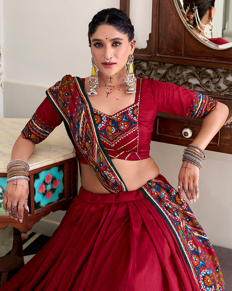 Maroon Tussar Silk Gamthi Print Lehenga Choli with Dupatta