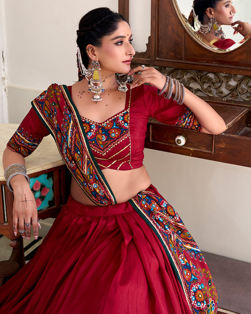 Maroon Tussar Silk Gamthi Print Lehenga Choli with Dupatta