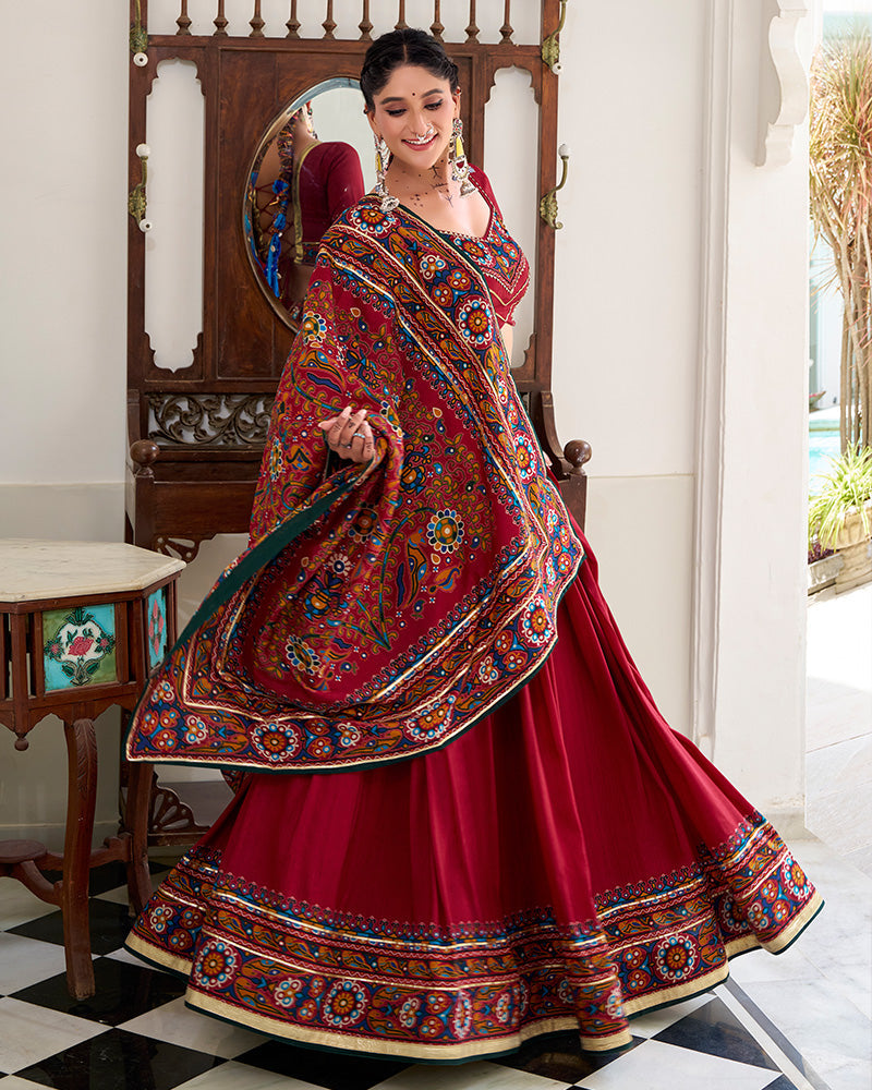 Maroon Tussar Silk Gamthi Print Lehenga Choli with Dupatta