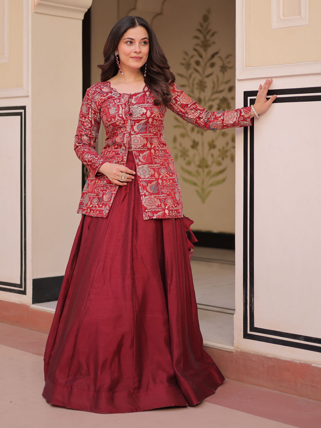 Maroon vichitra silk kali pattern lehenga with jacquard jacket