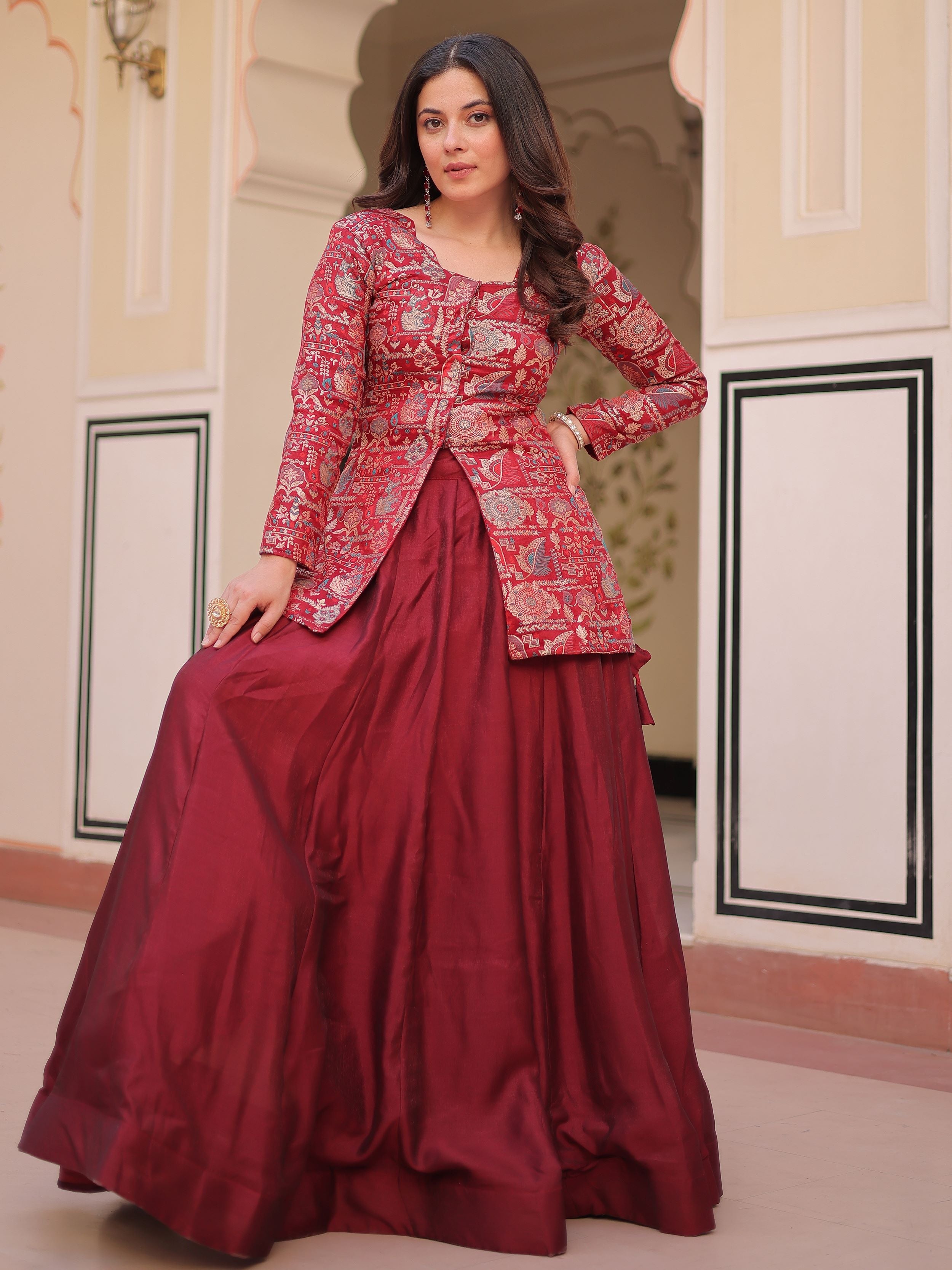 Maroon vichitra silk kali pattern lehenga with jacquard jacket
