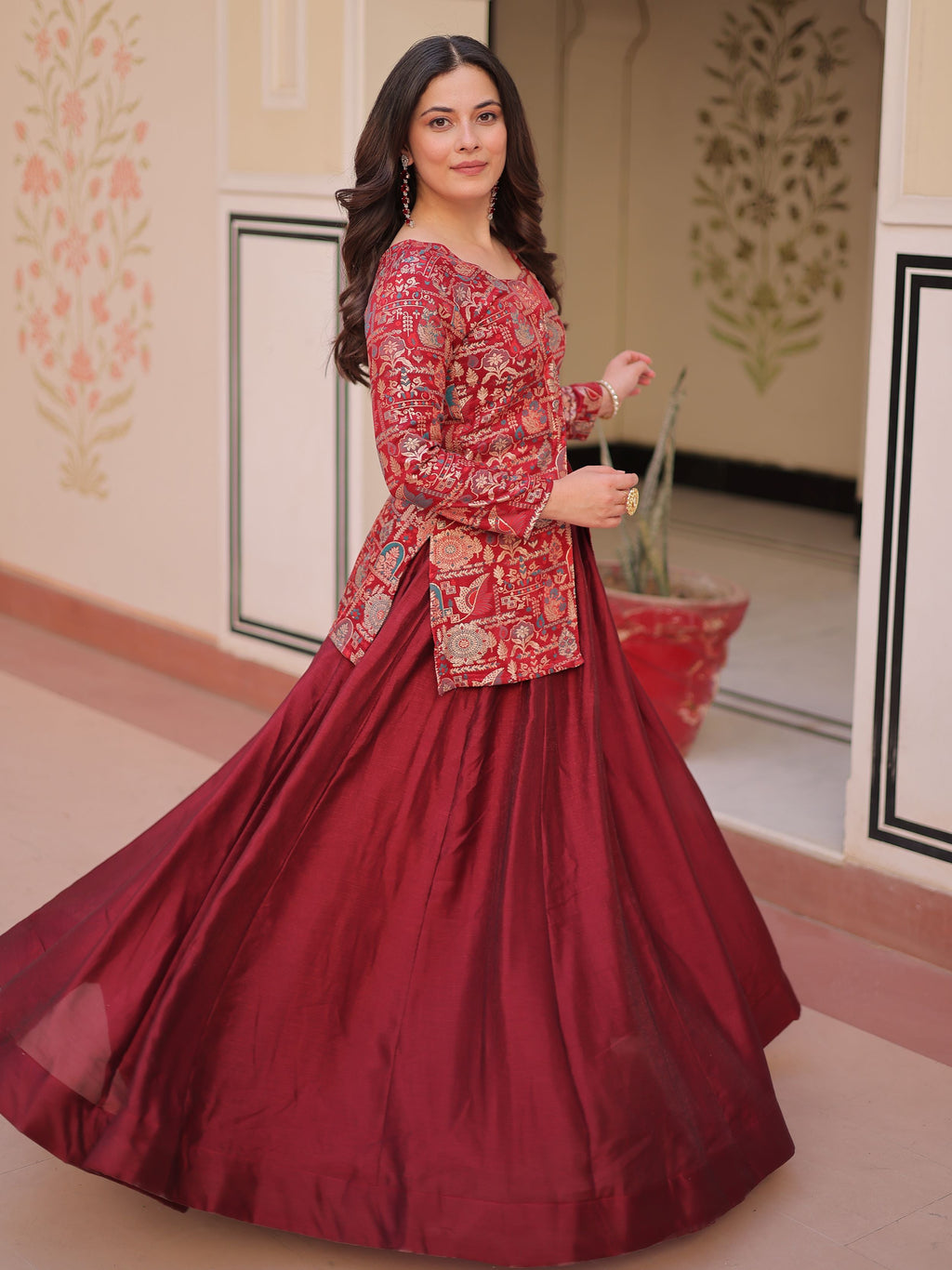 Maroon vichitra silk kali pattern lehenga with jacquard jacket