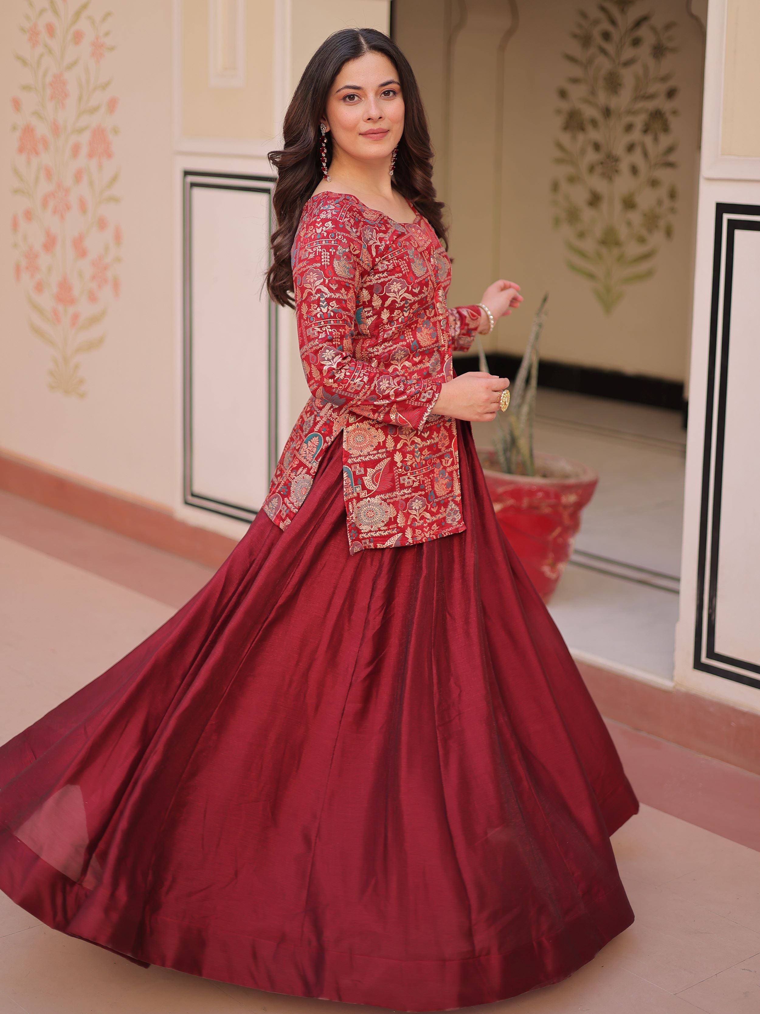 Maroon vichitra silk kali pattern lehenga with jacquard jacket