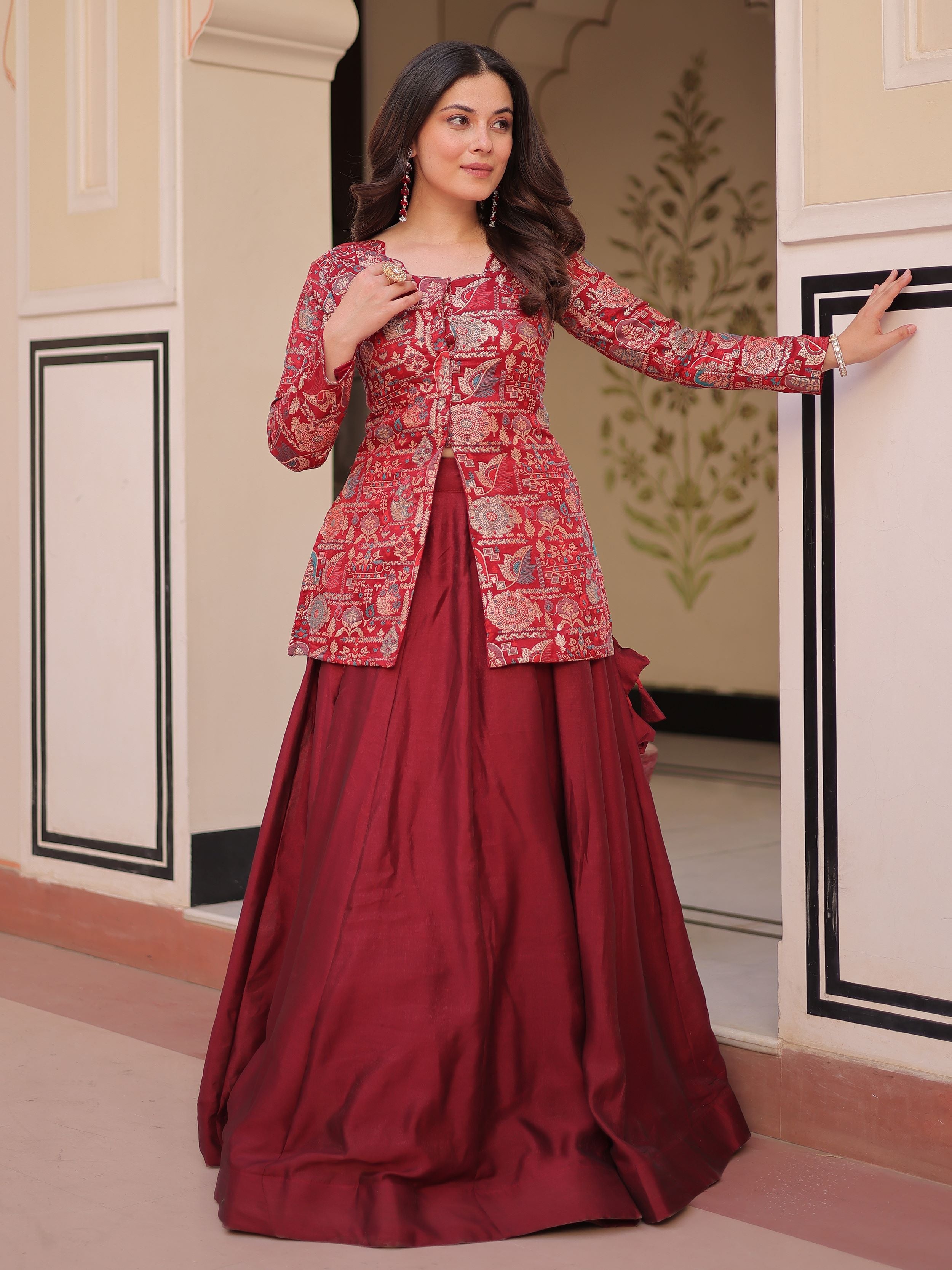Maroon Vichitra Silk Kali Pattern Lehenga with  Jacquard Jacket