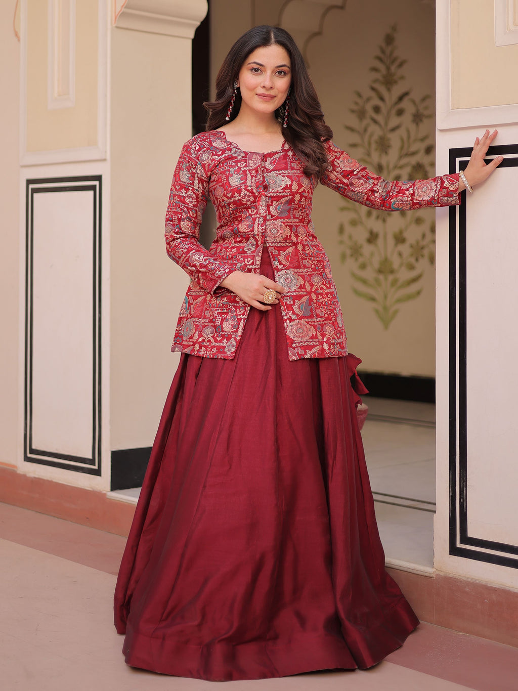 Maroon vichitra silk kali pattern lehenga with jacquard jacket