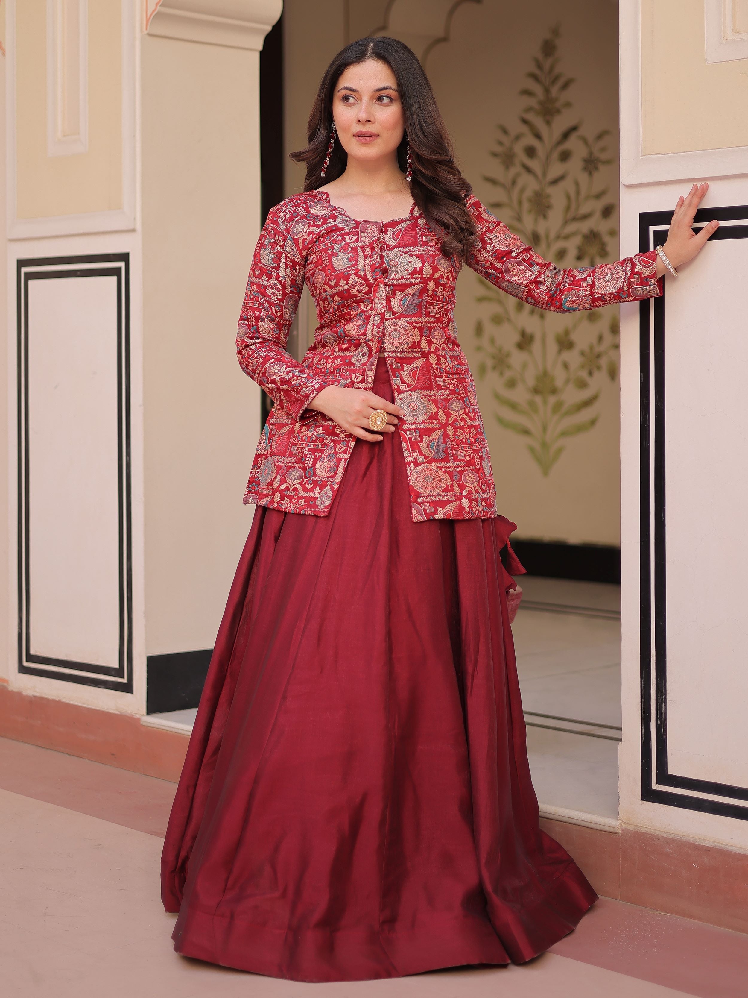 Maroon Vichitra Silk Kali Pattern Lehenga with  Jacquard Jacket