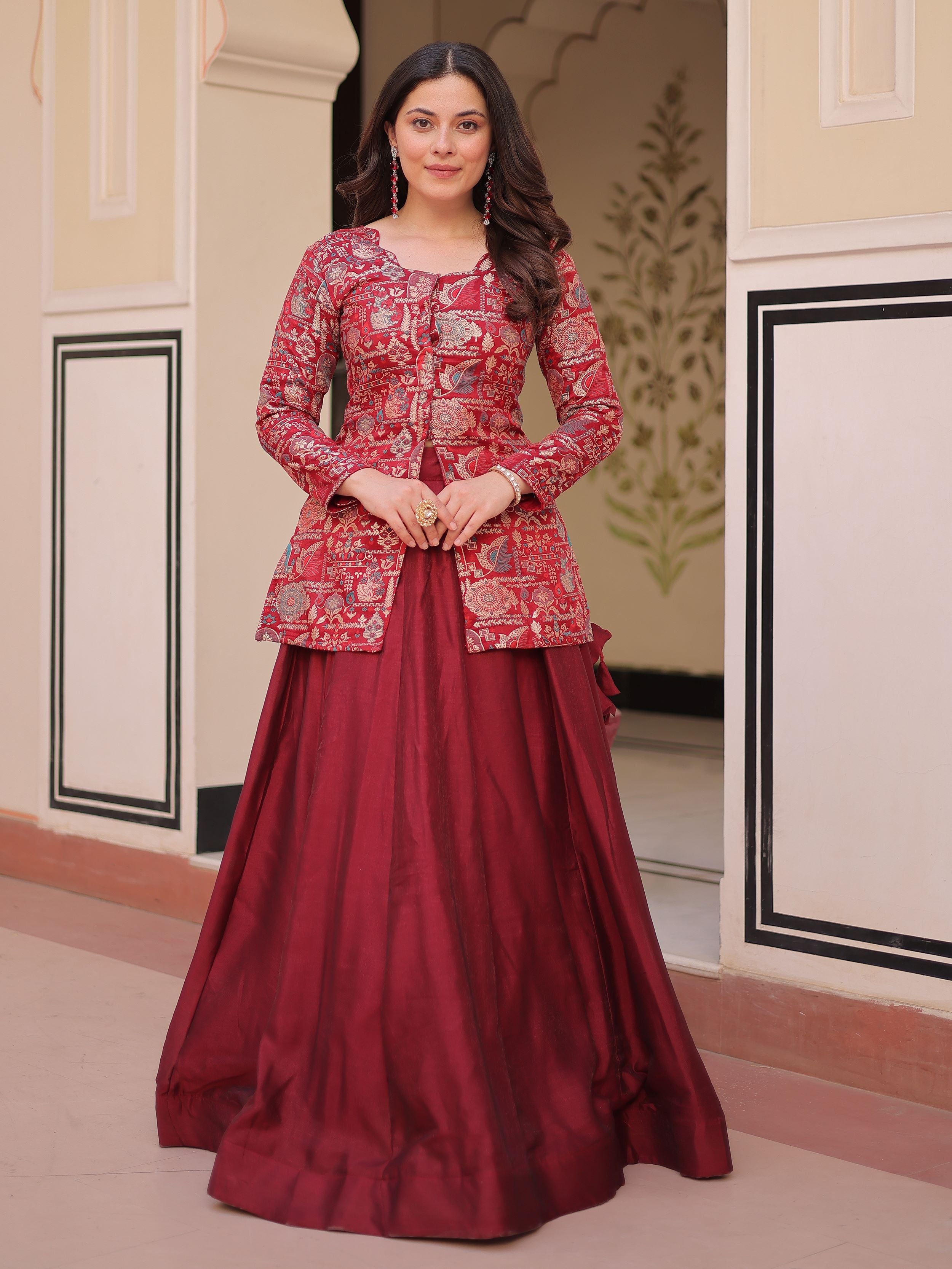 Maroon Vichitra Silk Kali Pattern Lehenga with  Jacquard Jacket