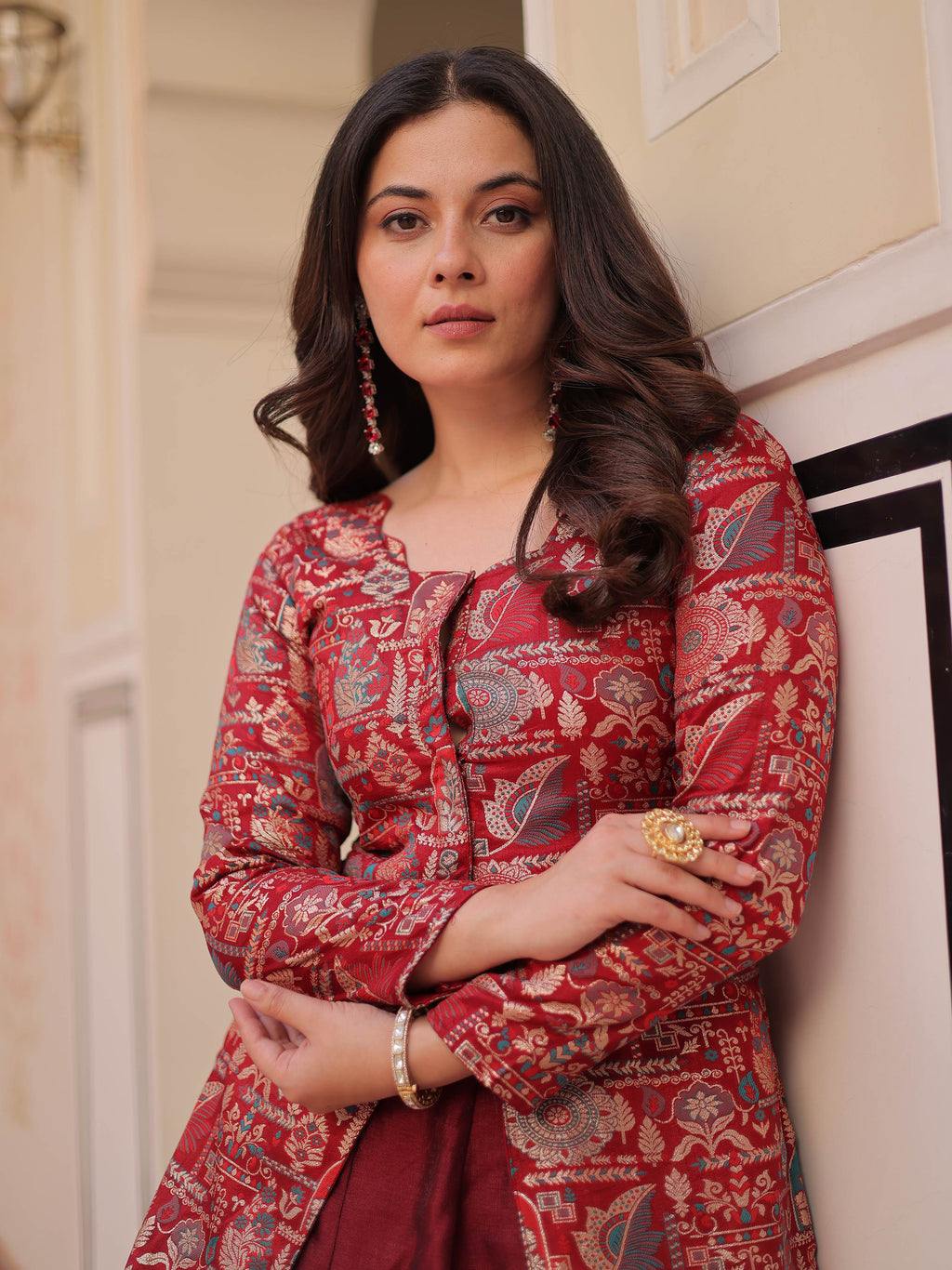 Maroon vichitra silk kali pattern lehenga with jacquard jacket
