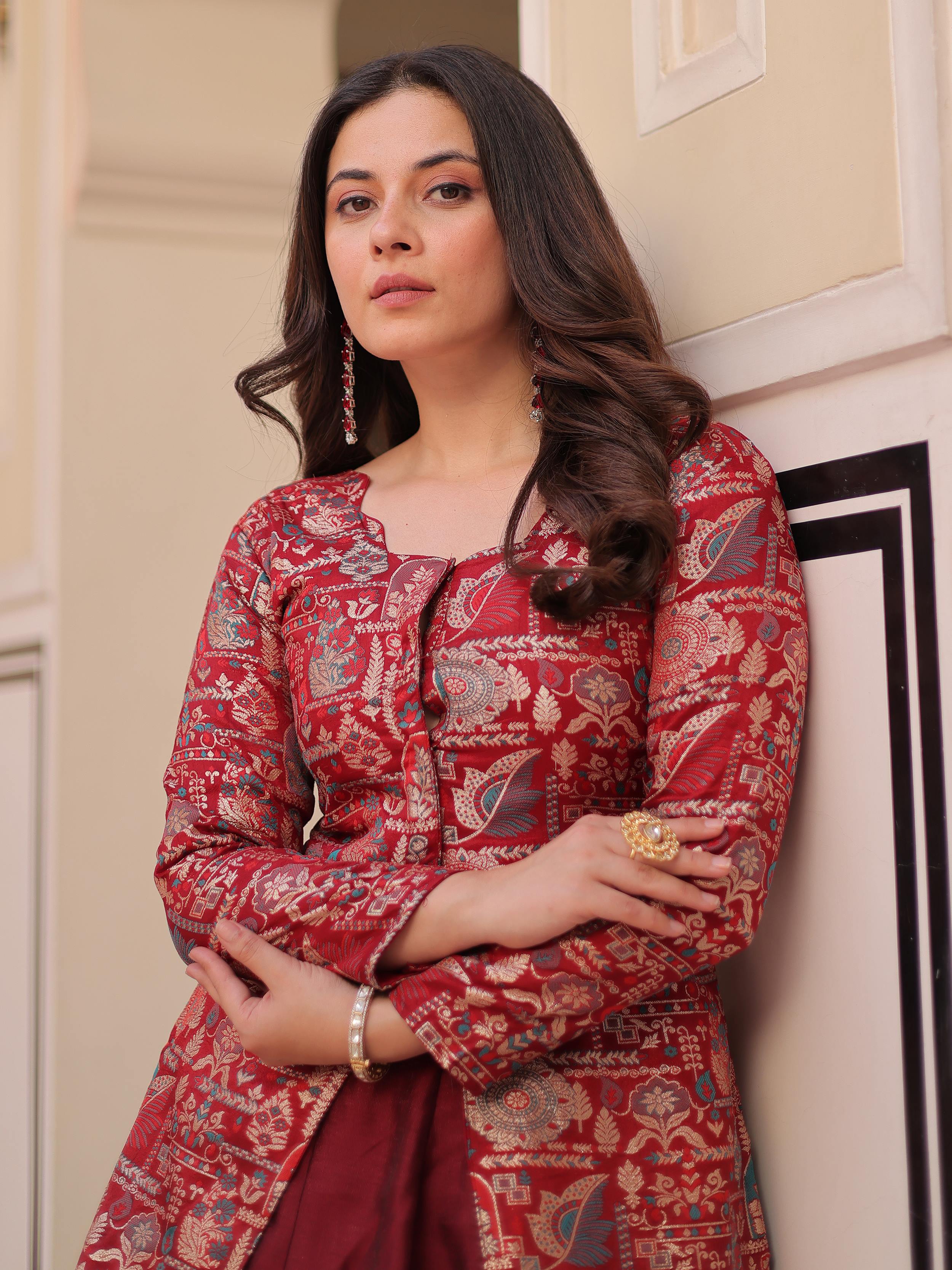 Maroon vichitra silk kali pattern lehenga with jacquard jacket