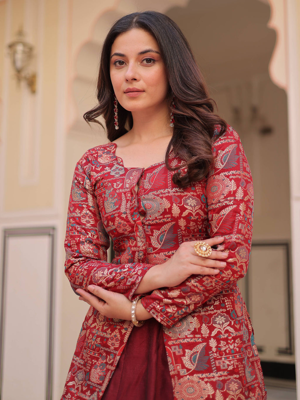 Maroon vichitra silk kali pattern lehenga with jacquard jacket
