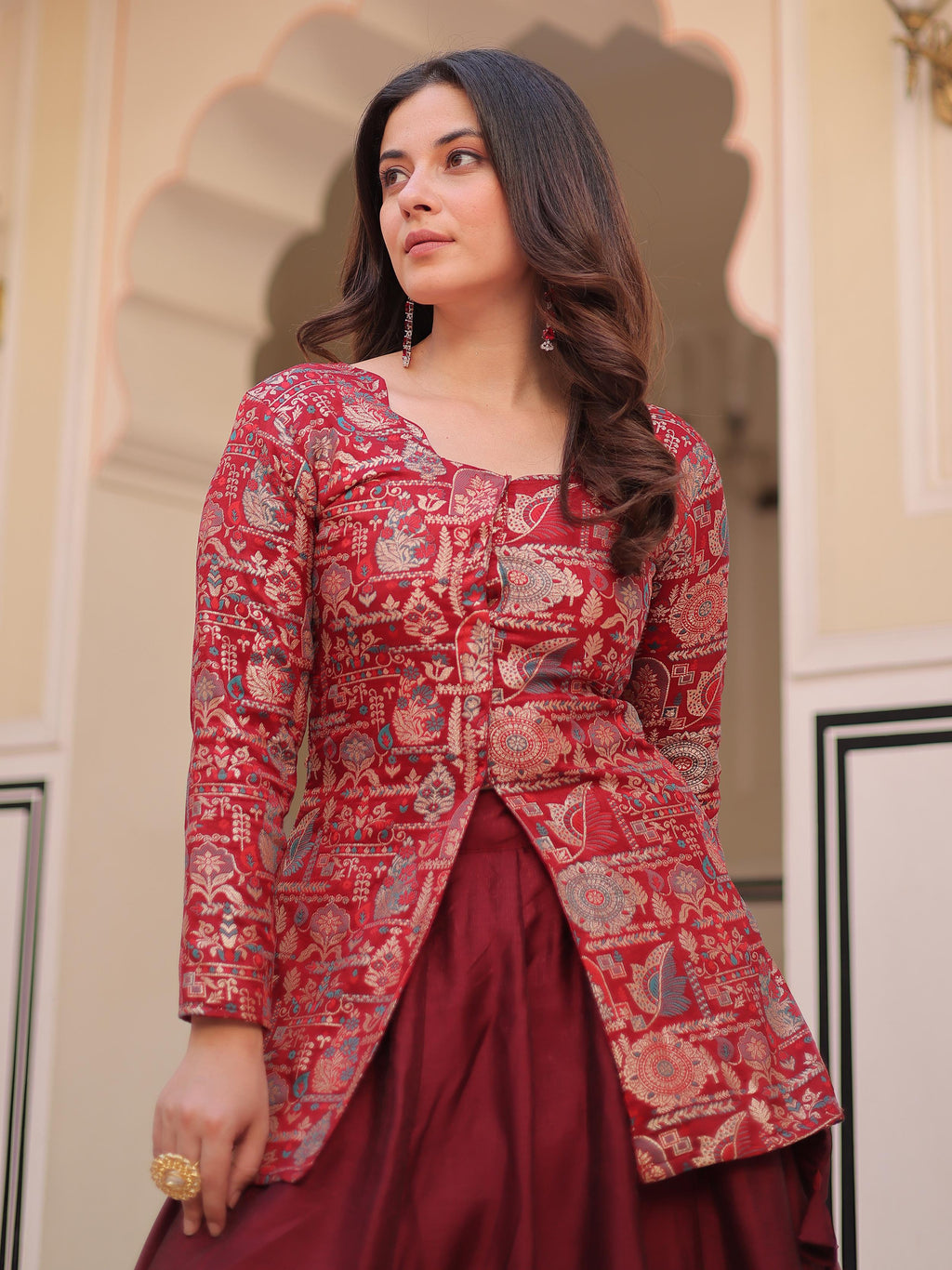 Maroon vichitra silk kali pattern lehenga with jacquard jacket