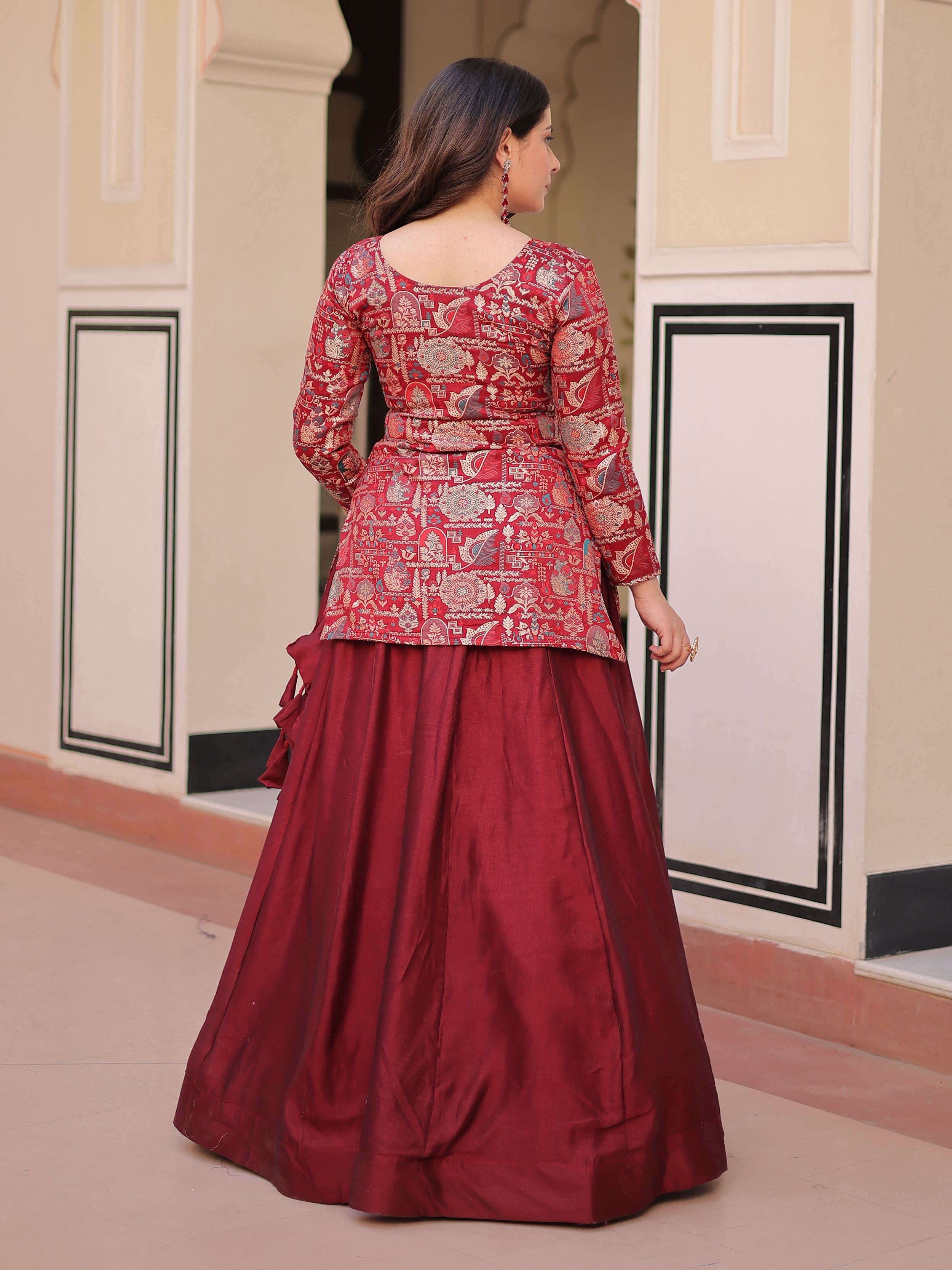 Maroon vichitra silk kali pattern lehenga with jacquard jacket