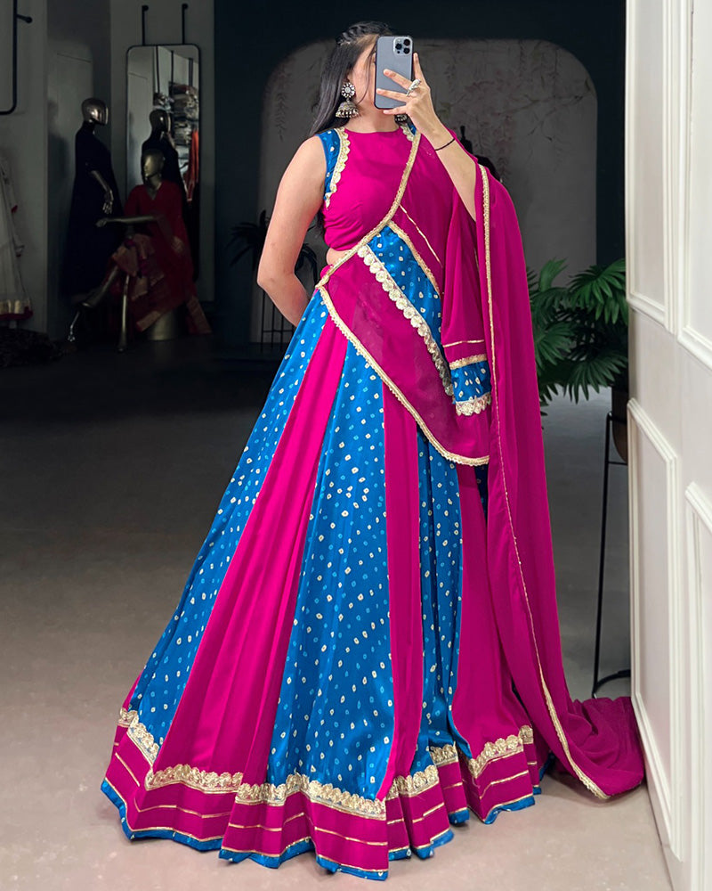 Mauve Pink Tasar Silk Bandhej Print Lehenga with Lace Work Blouse and Dupatta