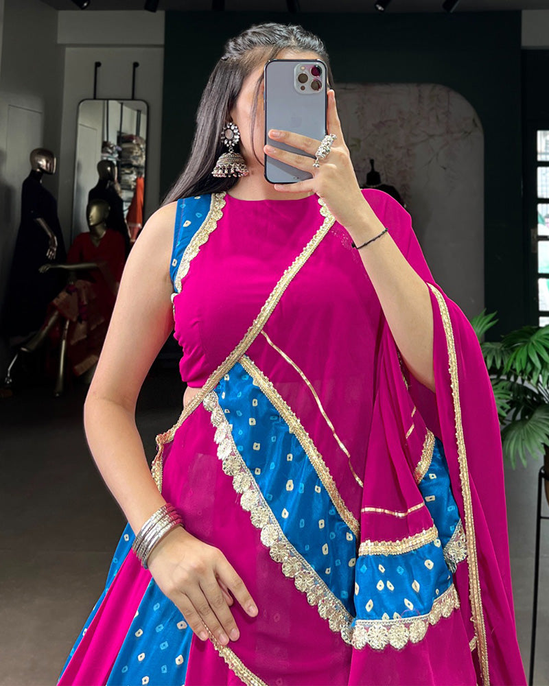 Mauve Pink Tasar Silk Bandhej Print Lehenga with Lace Work Blouse and Dupatta