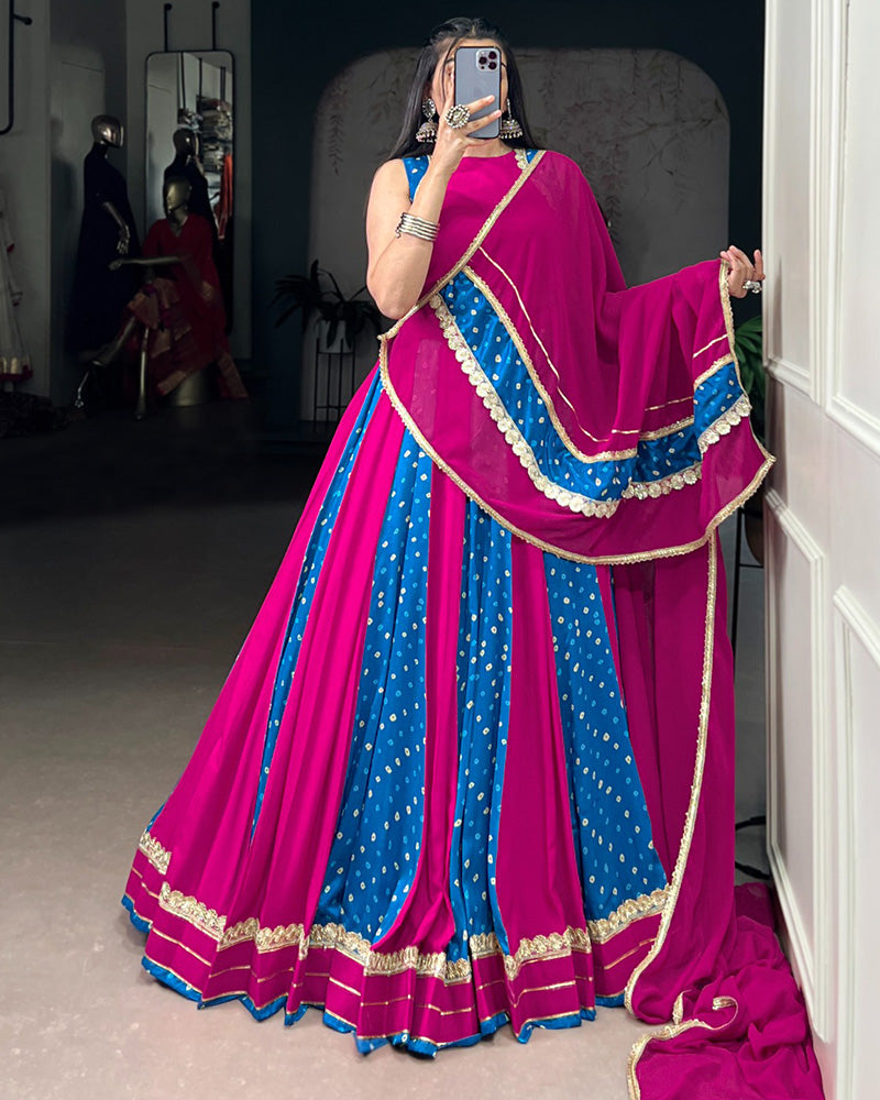 Mauve Pink Tasar Silk Bandhej Print Lehenga with Lace Work Blouse and Dupatta