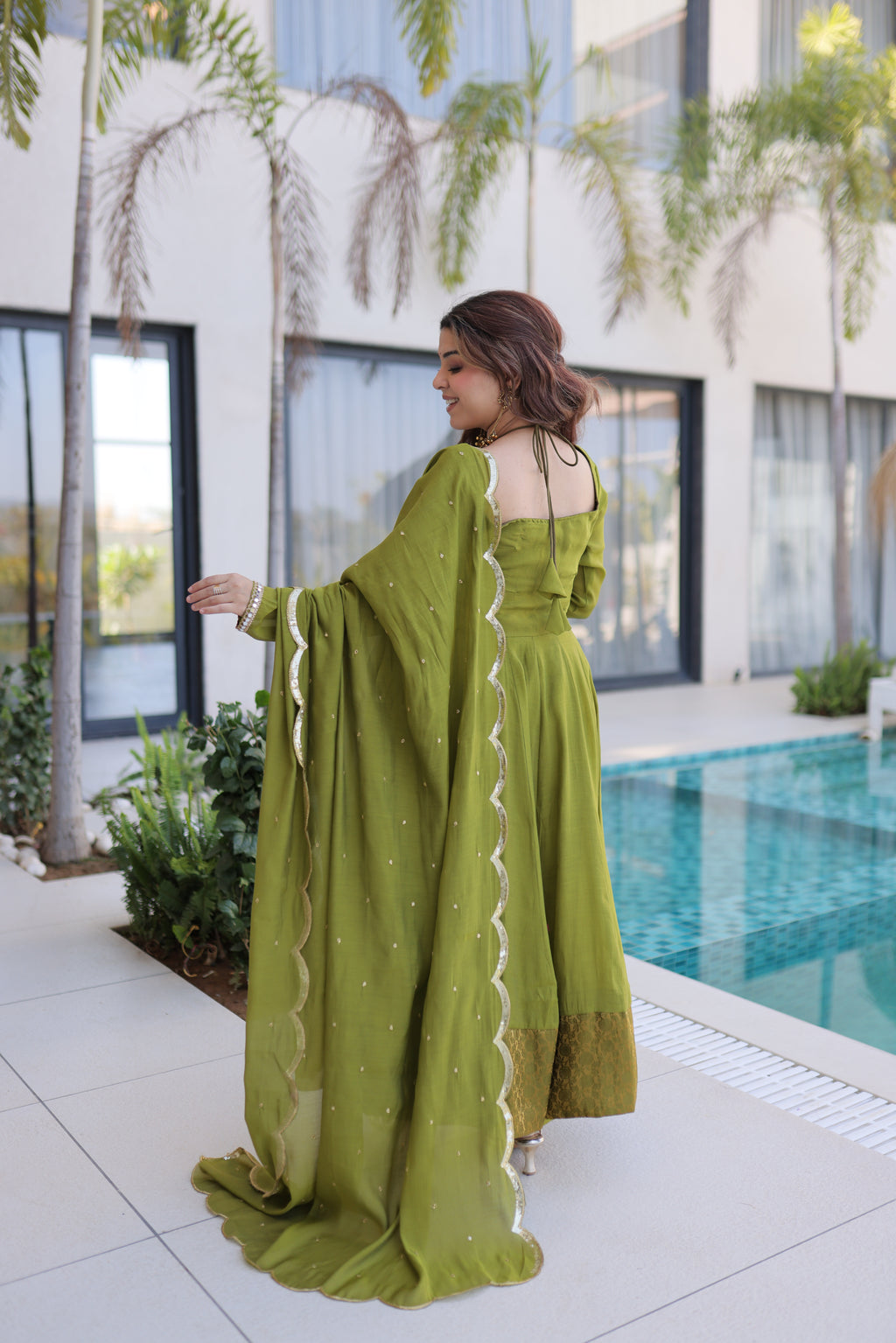 Medha green chanderi mirror work anarkali suit set