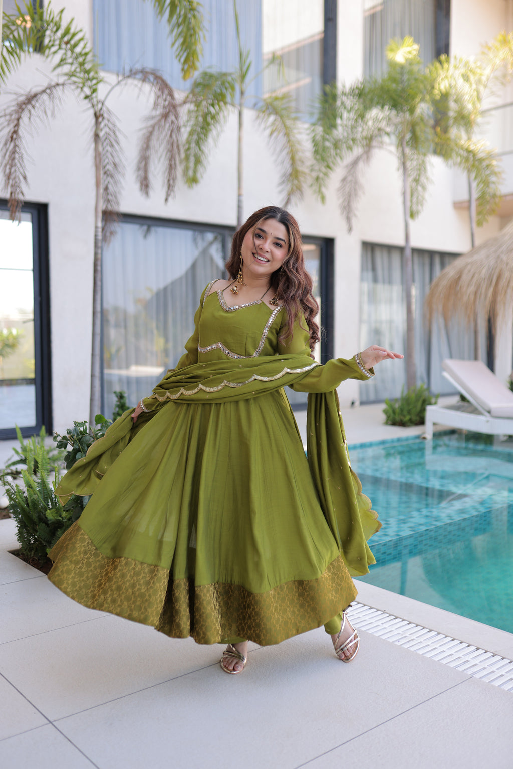 Medha green chanderi mirror work anarkali suit set