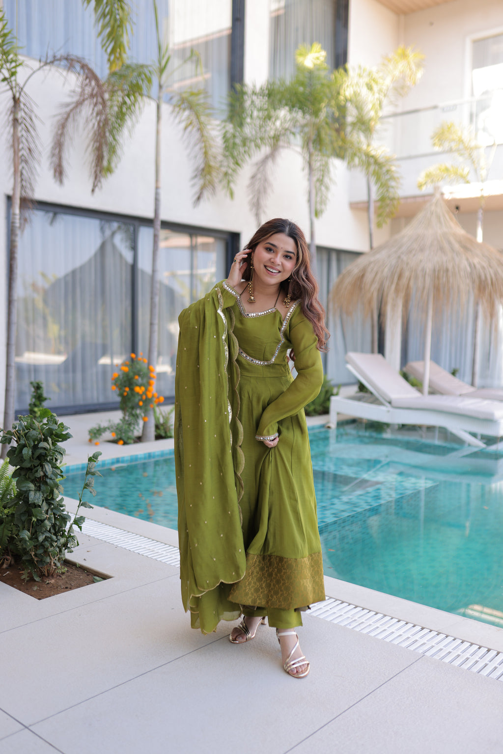 Medha green chanderi mirror work anarkali suit set